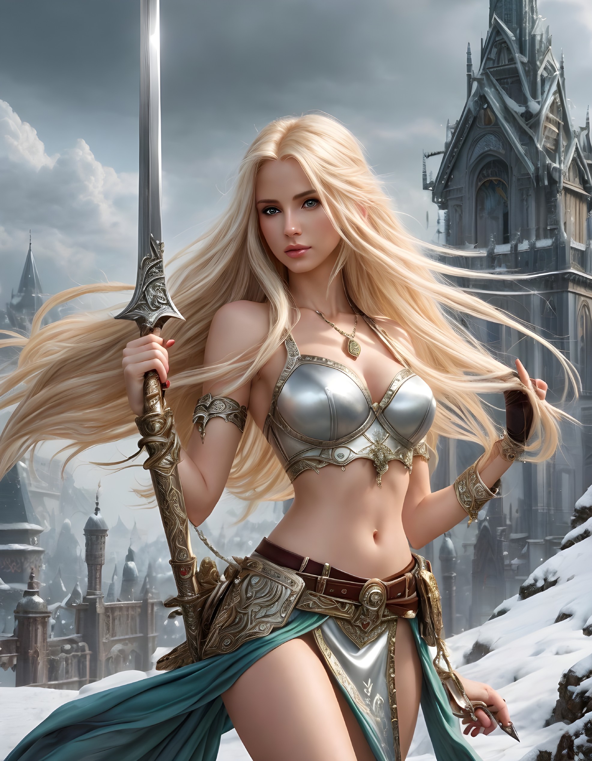 Fantasy warrior woman with blonde hair and sword in ornate armor against castle backdrop