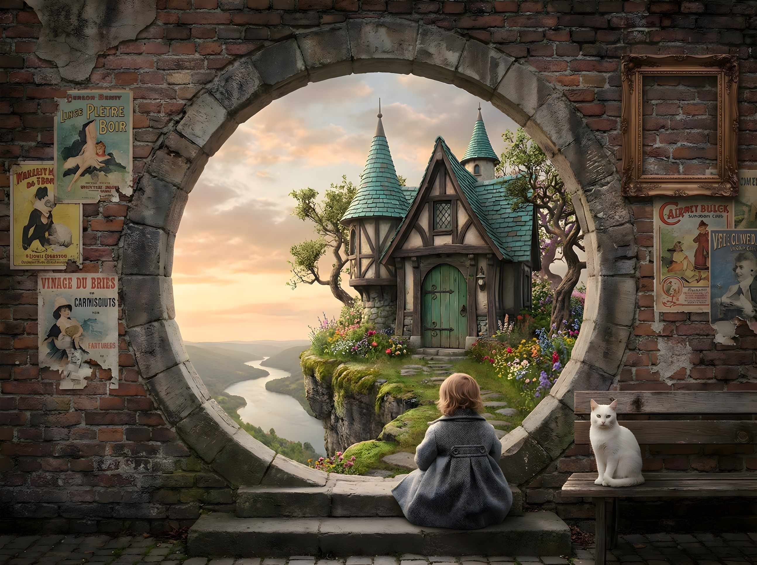 Toddler and Cat View Fantasy House Through Archway