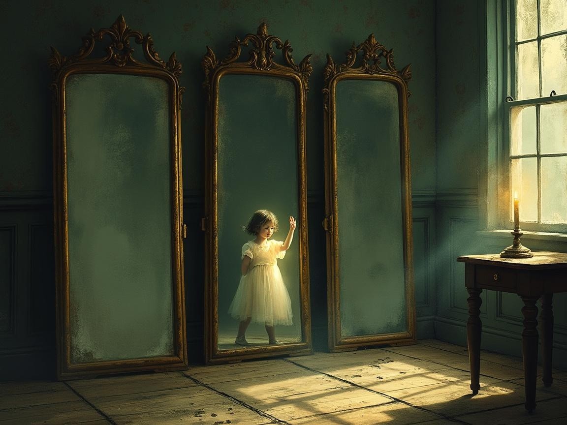 Little girl in white dress among tall mirrors in dim room