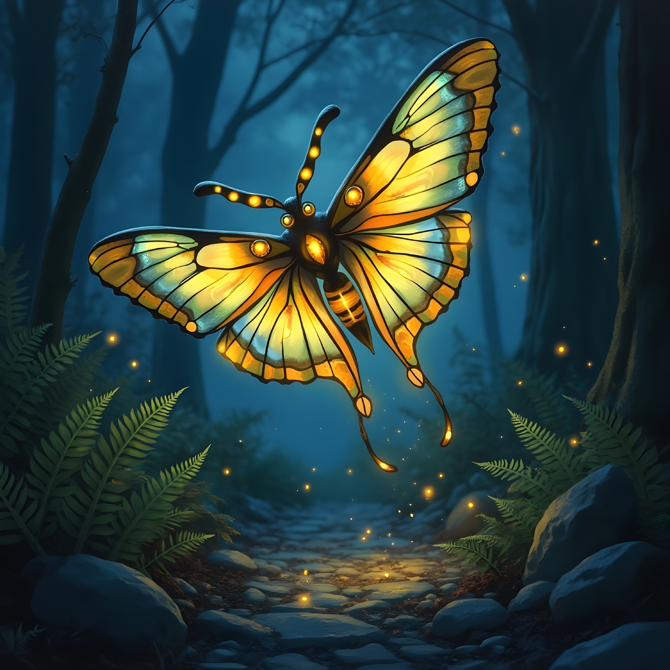 Ethereal butterfly above a forest path with ferns