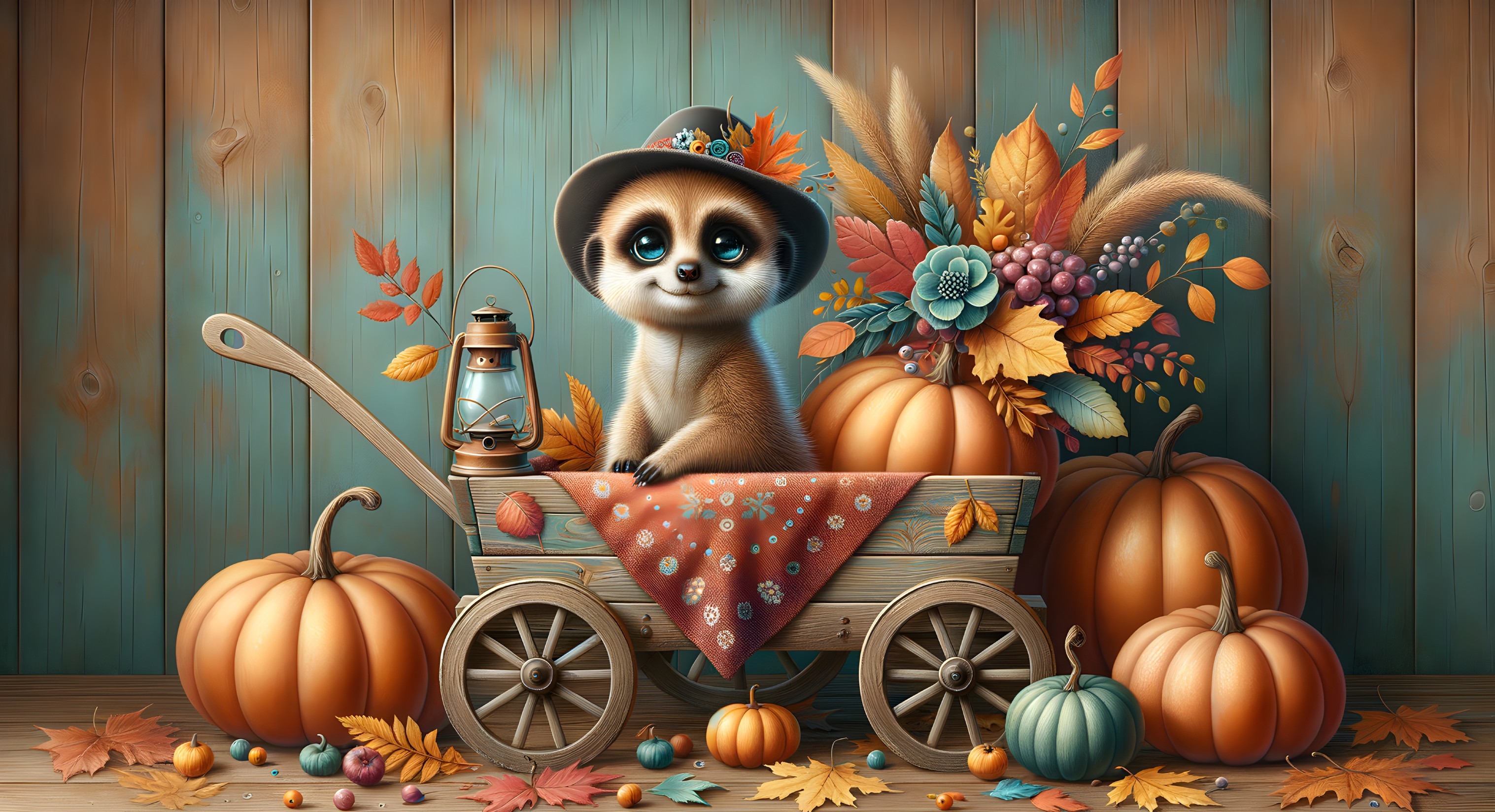 Cartoon Raccoon in Rustic Cart with Autumn Decor