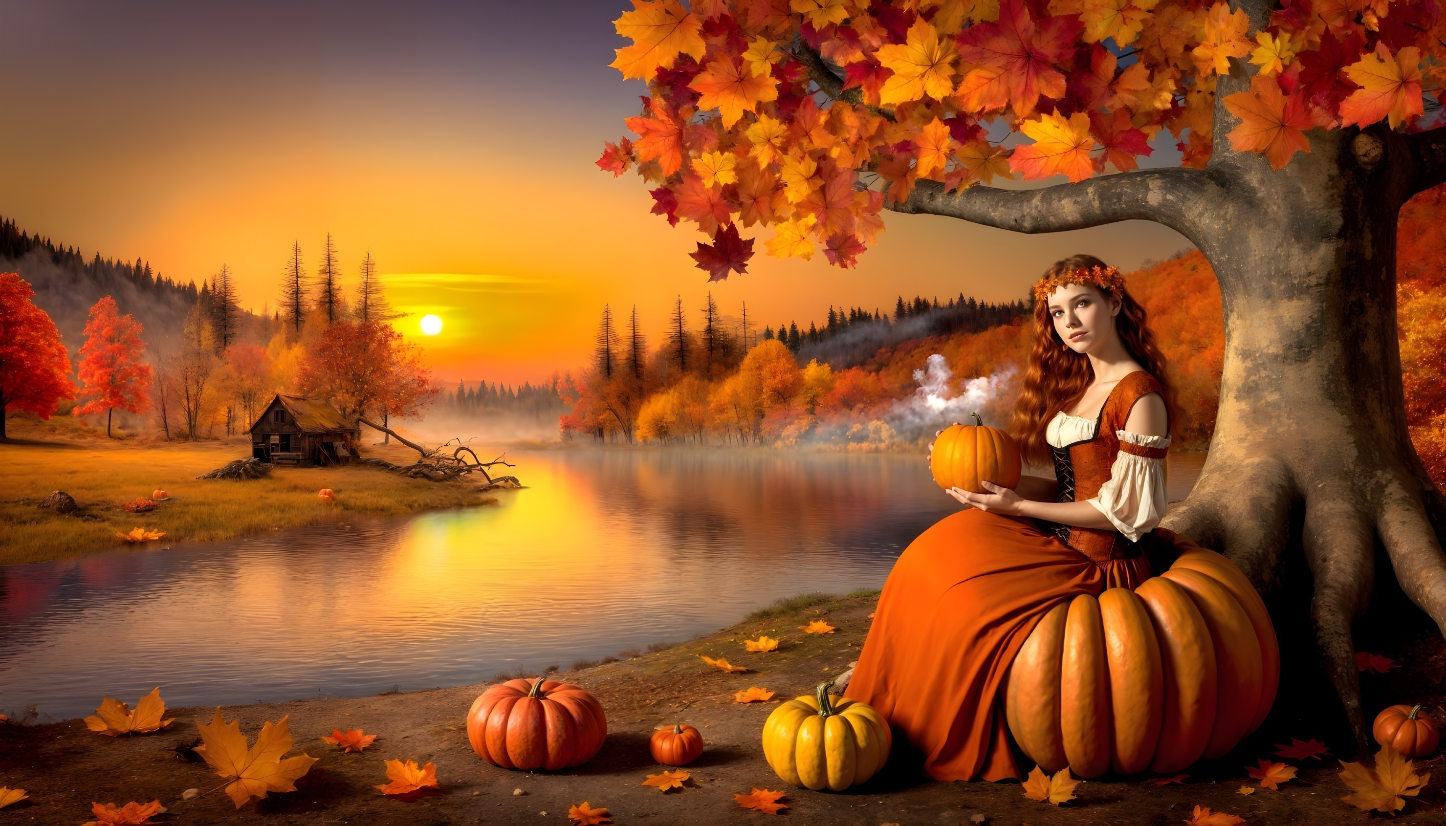 Autumn Scene with Woman by Lake and Pumpkins