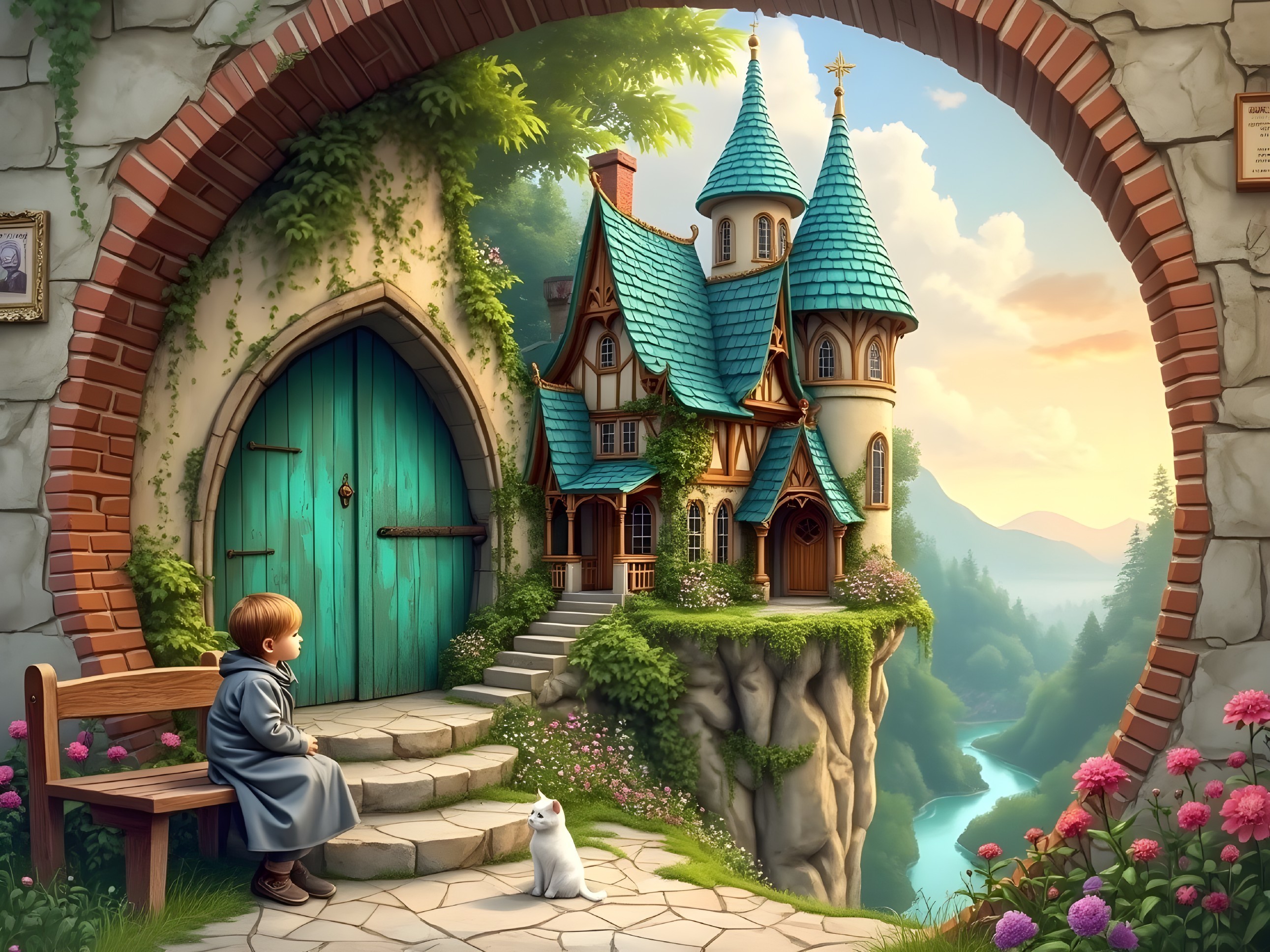 Charming Cottage with Turquoise Roofs by a River