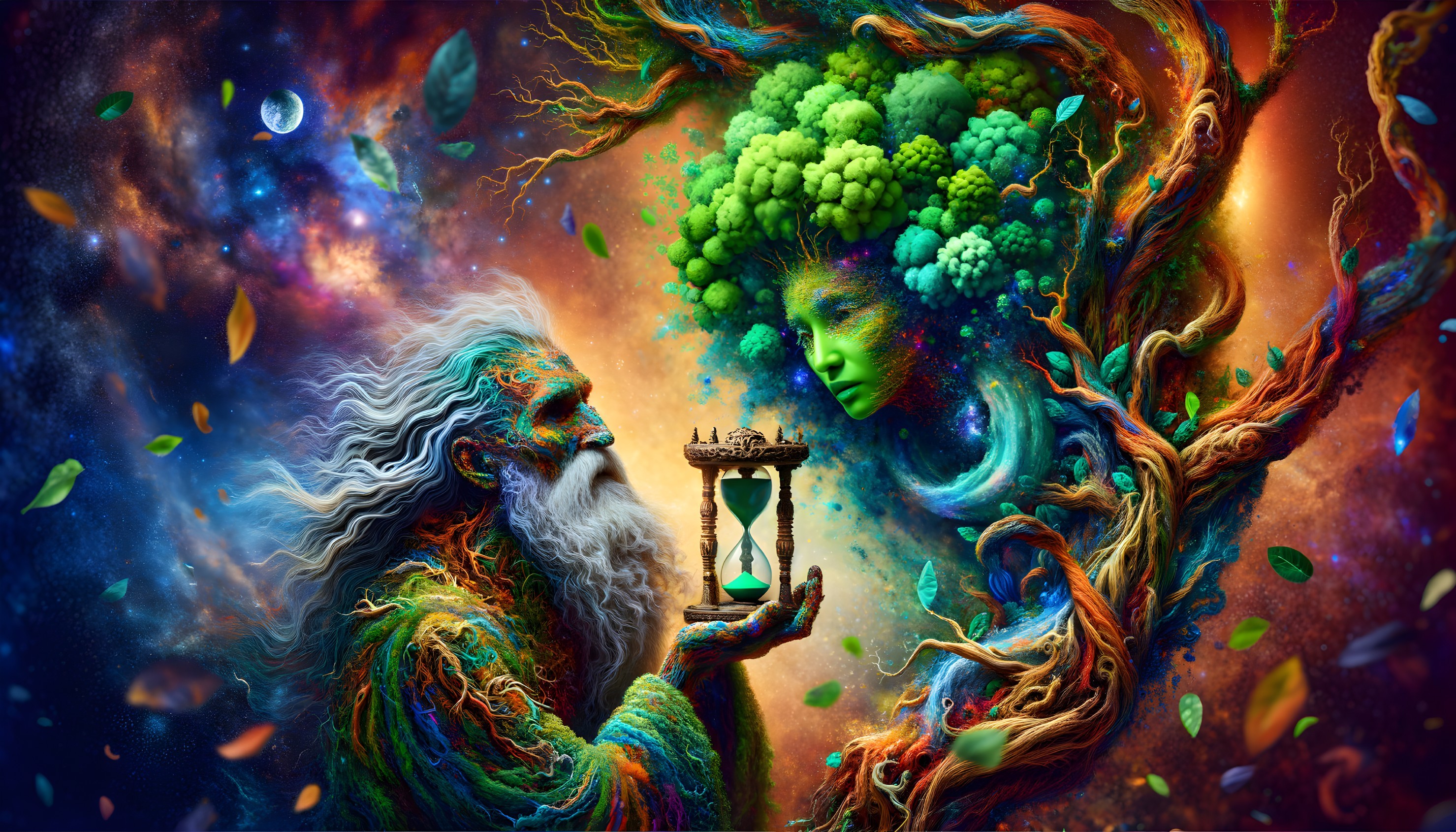 Vivid cosmic illustration: Old man and nature spirit holding hourglass in colorful nebula