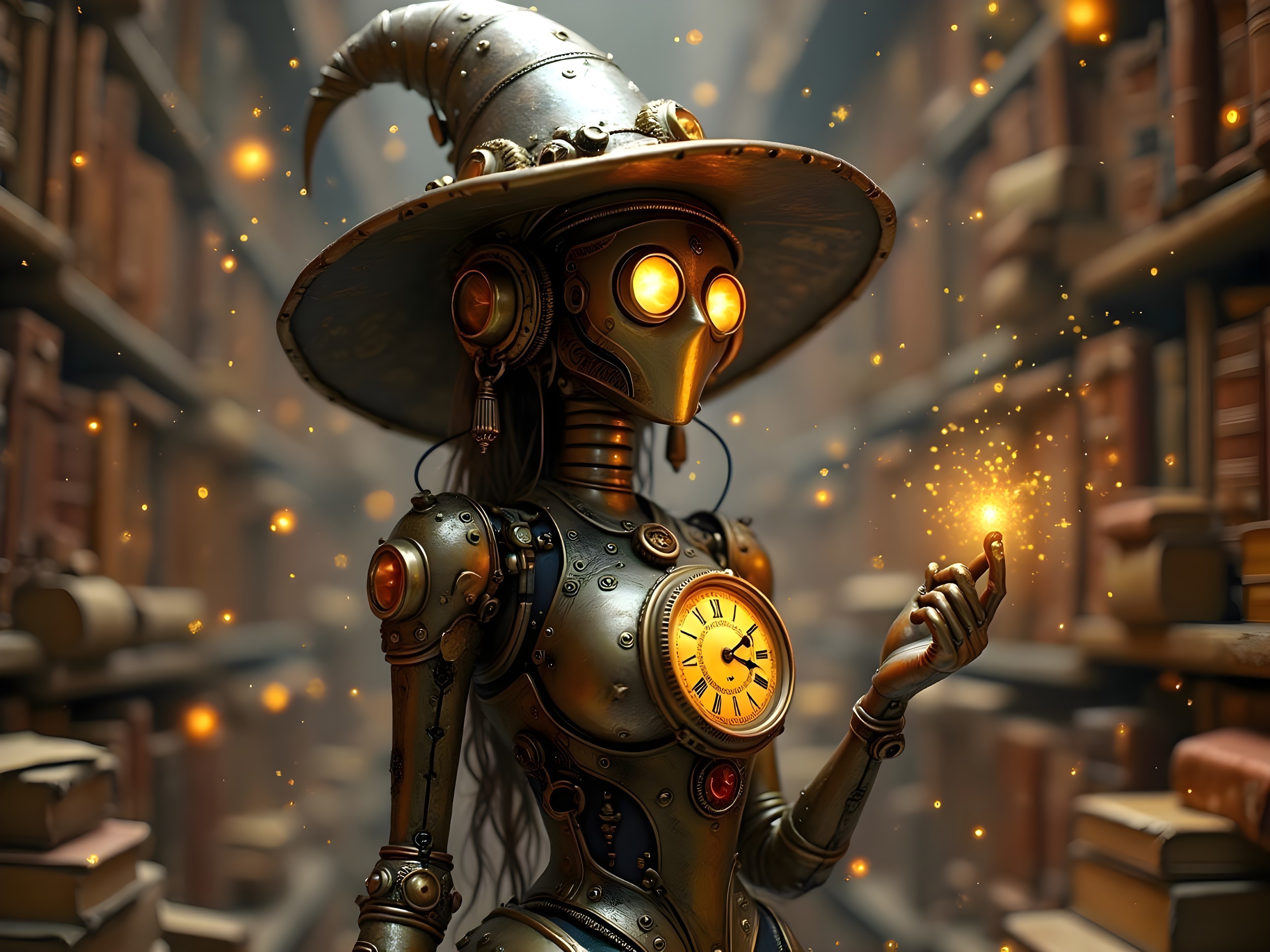 Steampunk Robot in a Magical Library Setting