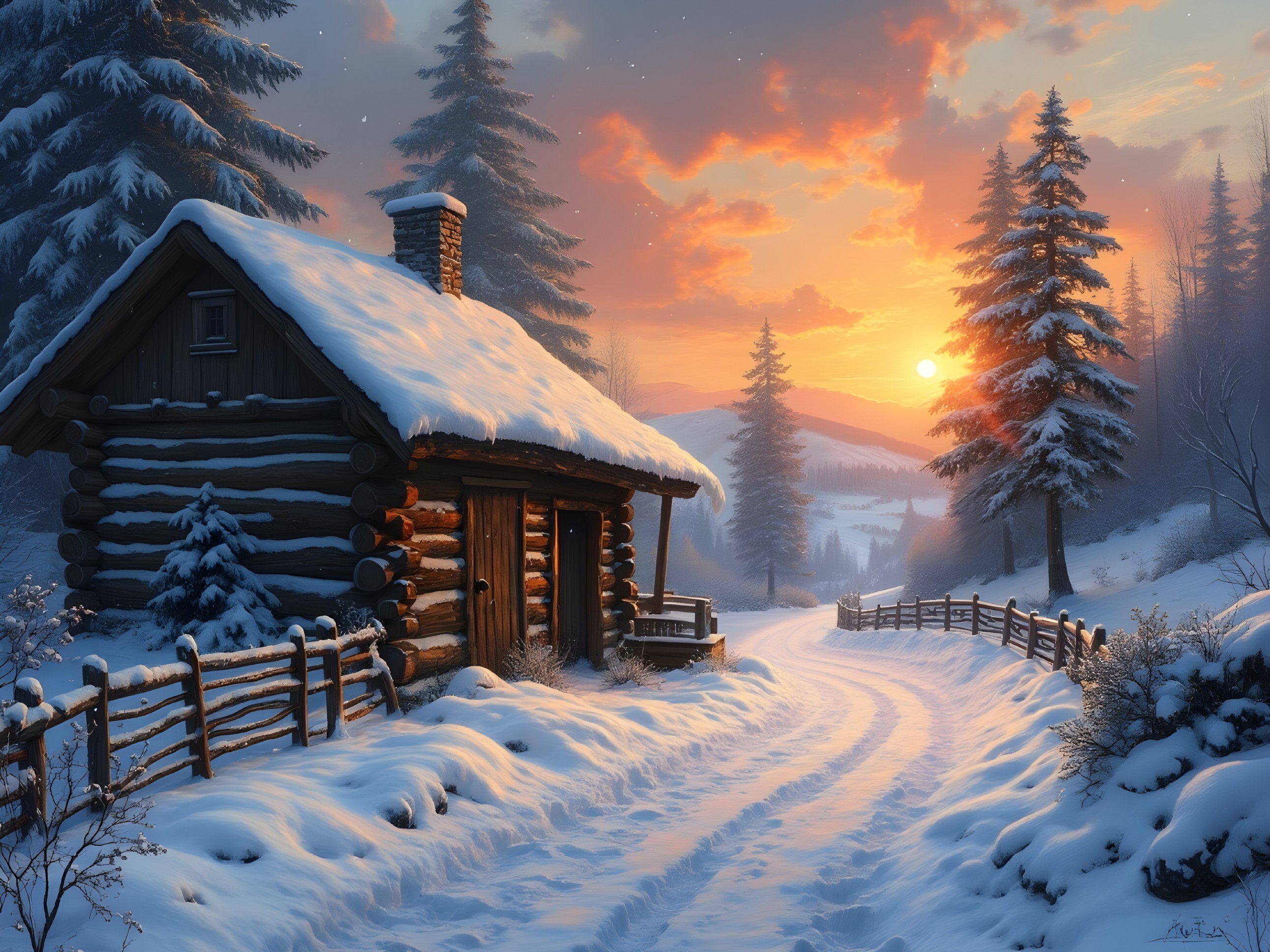 Cozy Log Cabin in Serene Winter Landscape