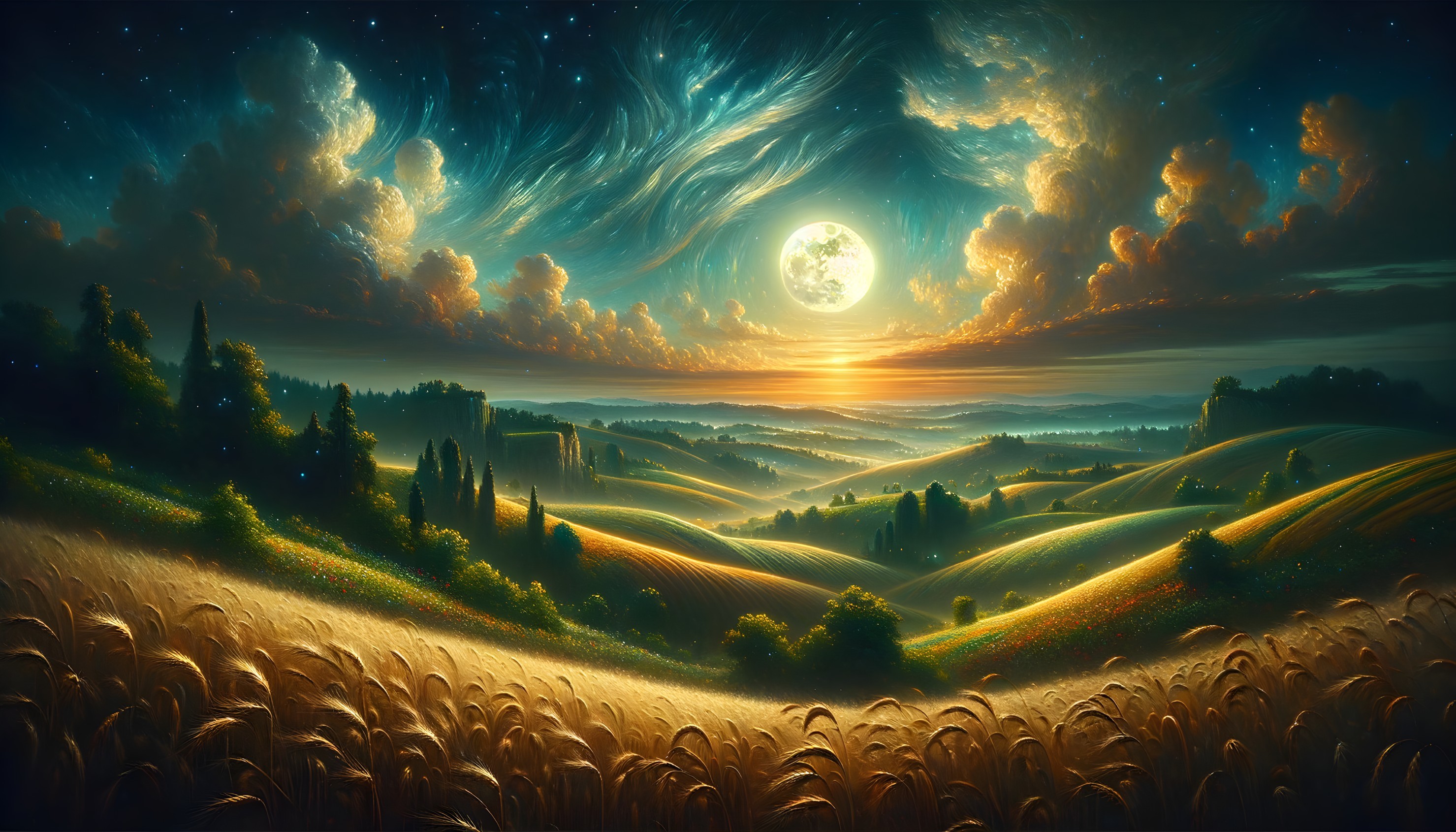 Surreal night landscape with golden wheat hills under full moon