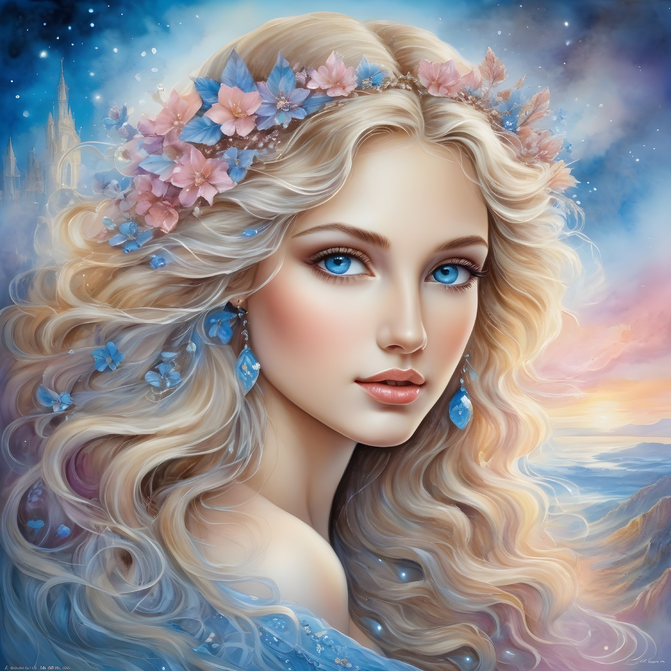 Portrait of a Young Woman in a Whimsical Landscape