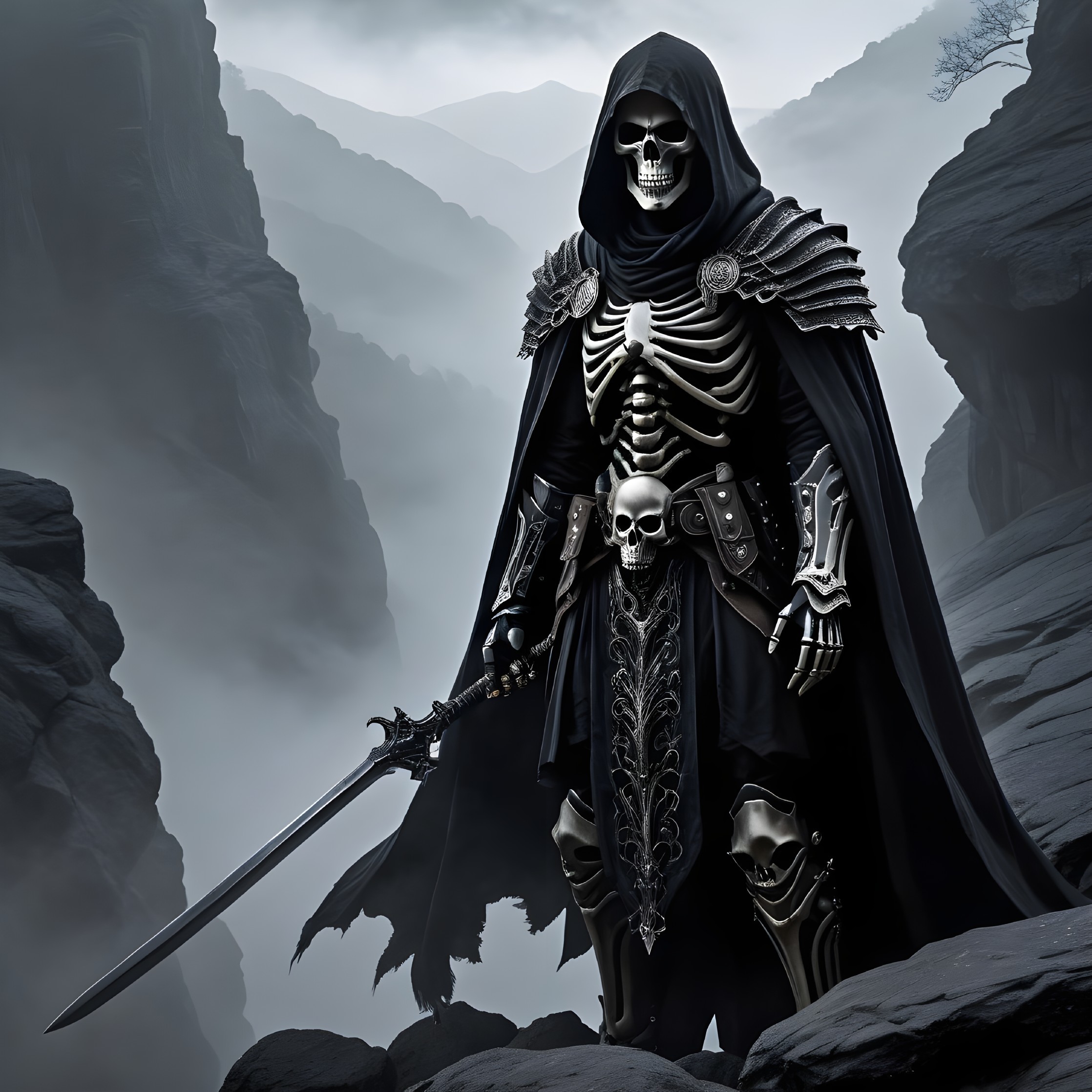 Skeletal Figure in Dark Robe with Sword in Canyon