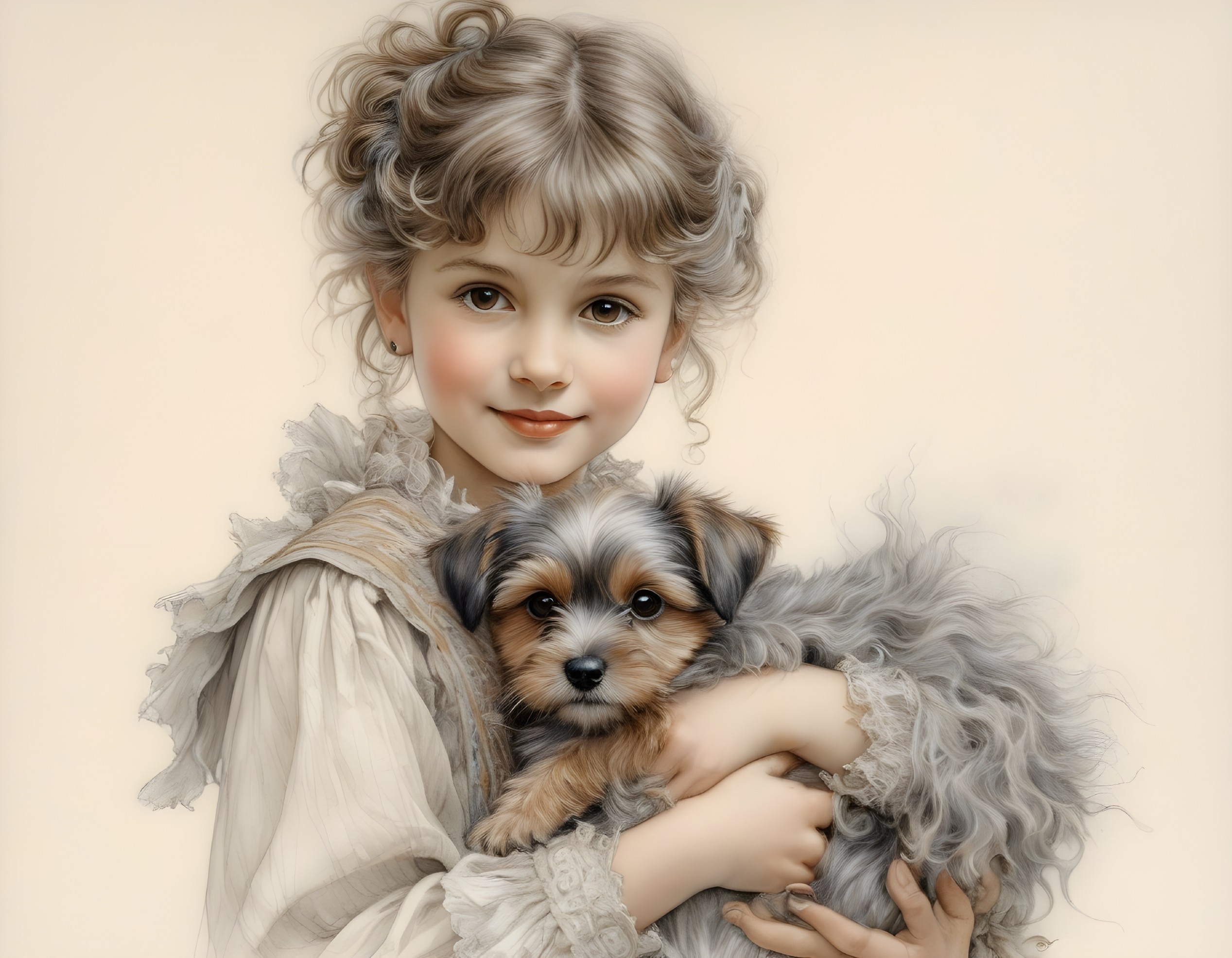 Young girl in vintage dress holds fluffy dog close