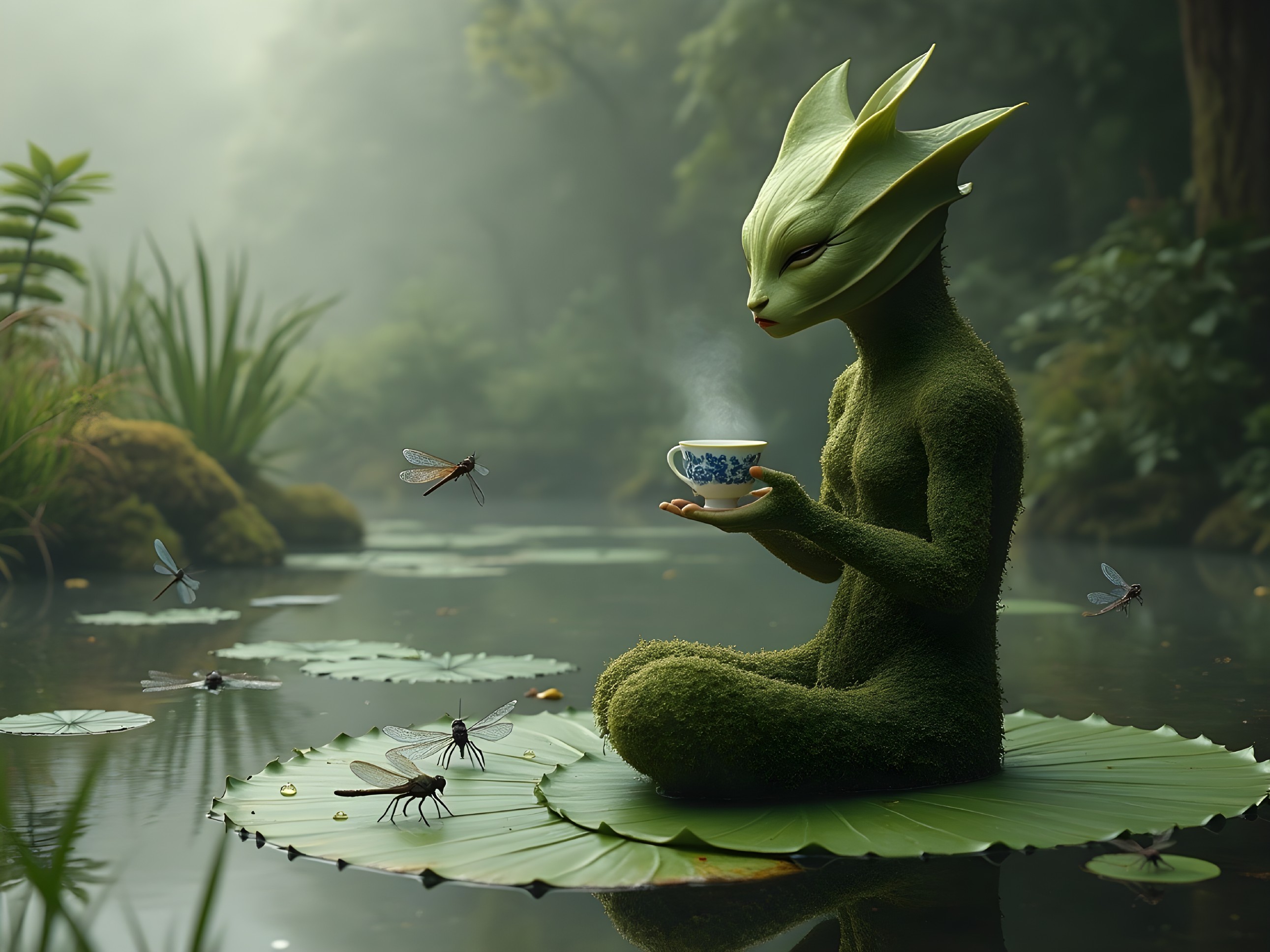 Plant-like Creature on Lily Pad with Tea Cup