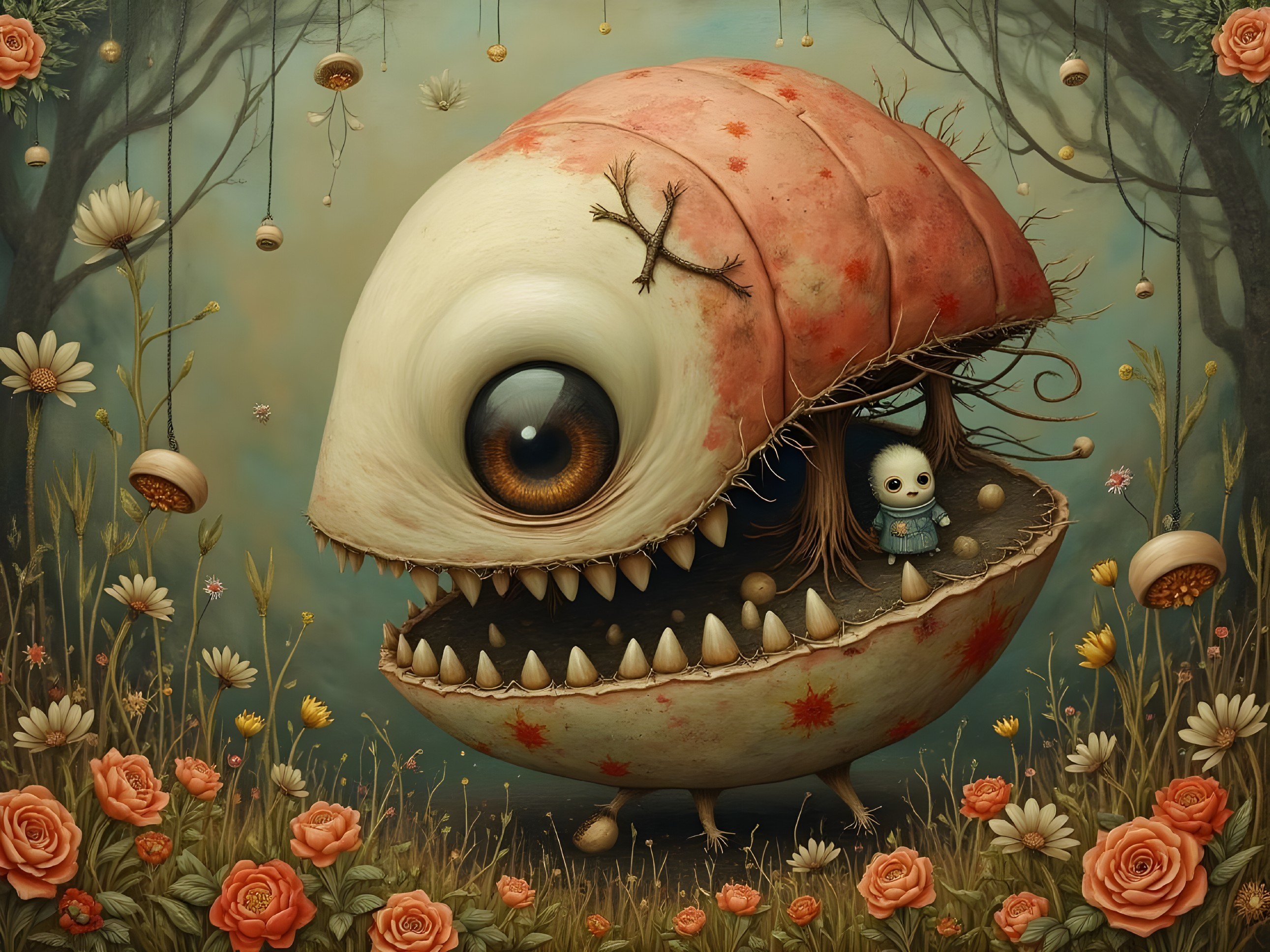 Whimsical Creature with Doll in Dreamy Forest Scene