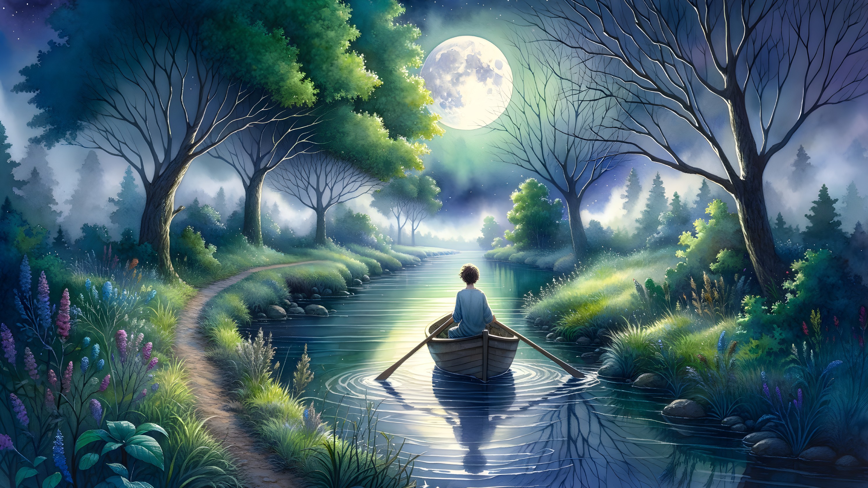 Serene Nighttime River Scene with Moonlit Reflection