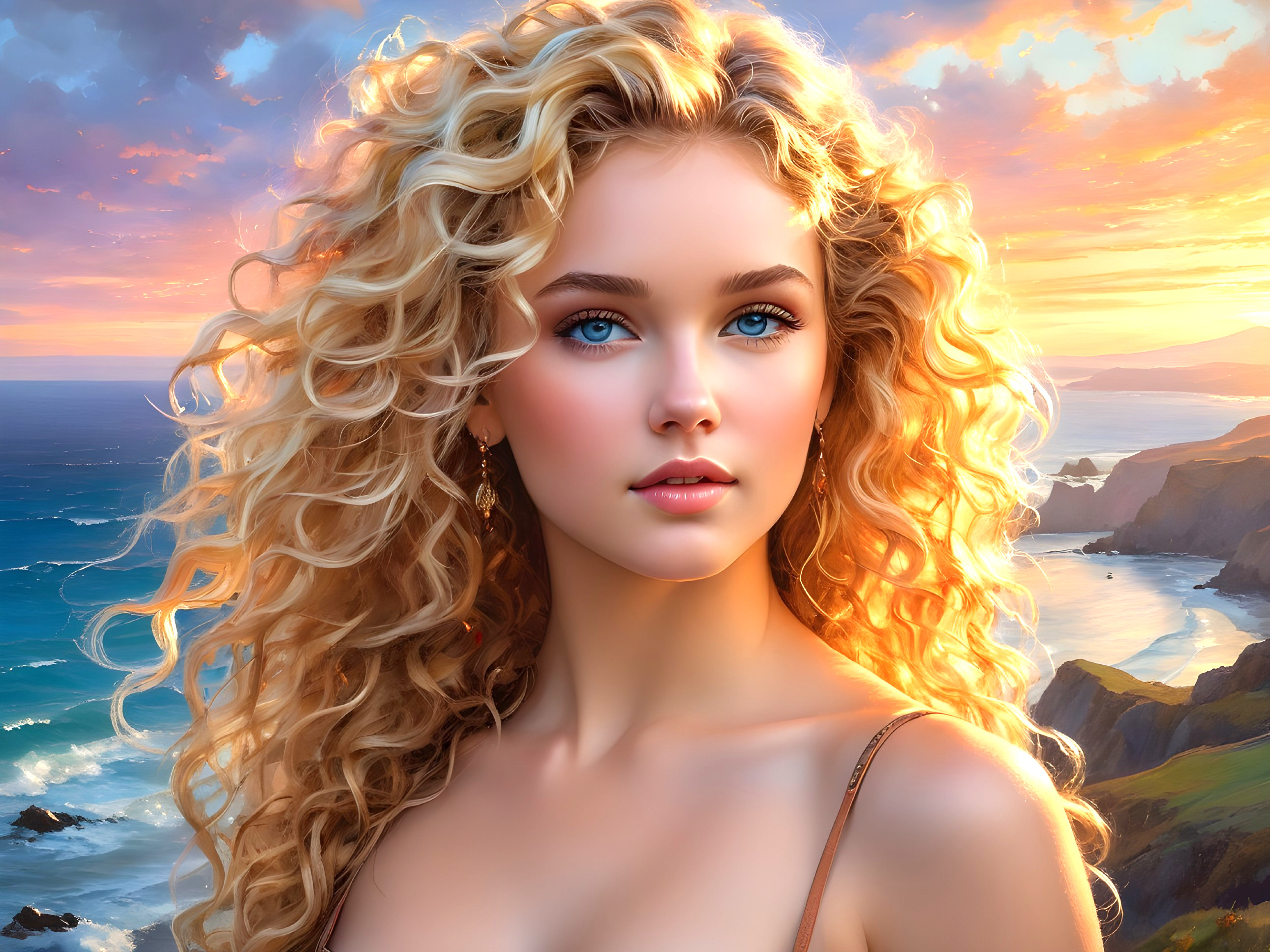 Young woman with curly blonde hair at sunset beach