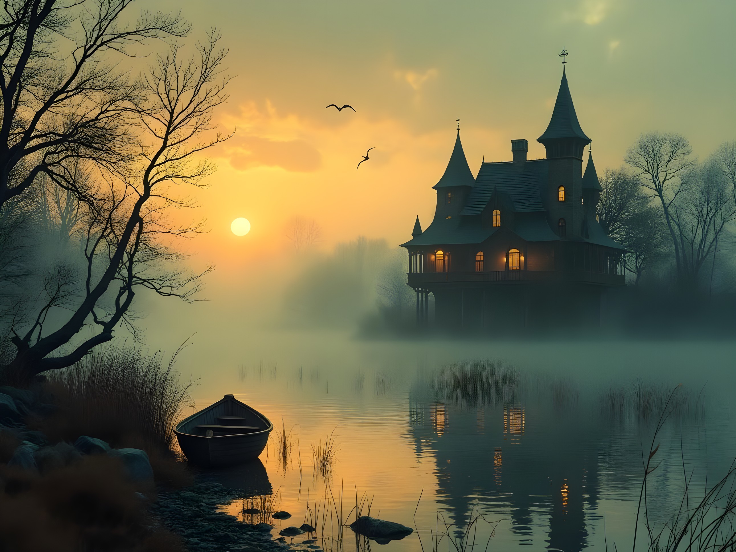 Misty Dawn Landscape with Mansion and Calm Waters