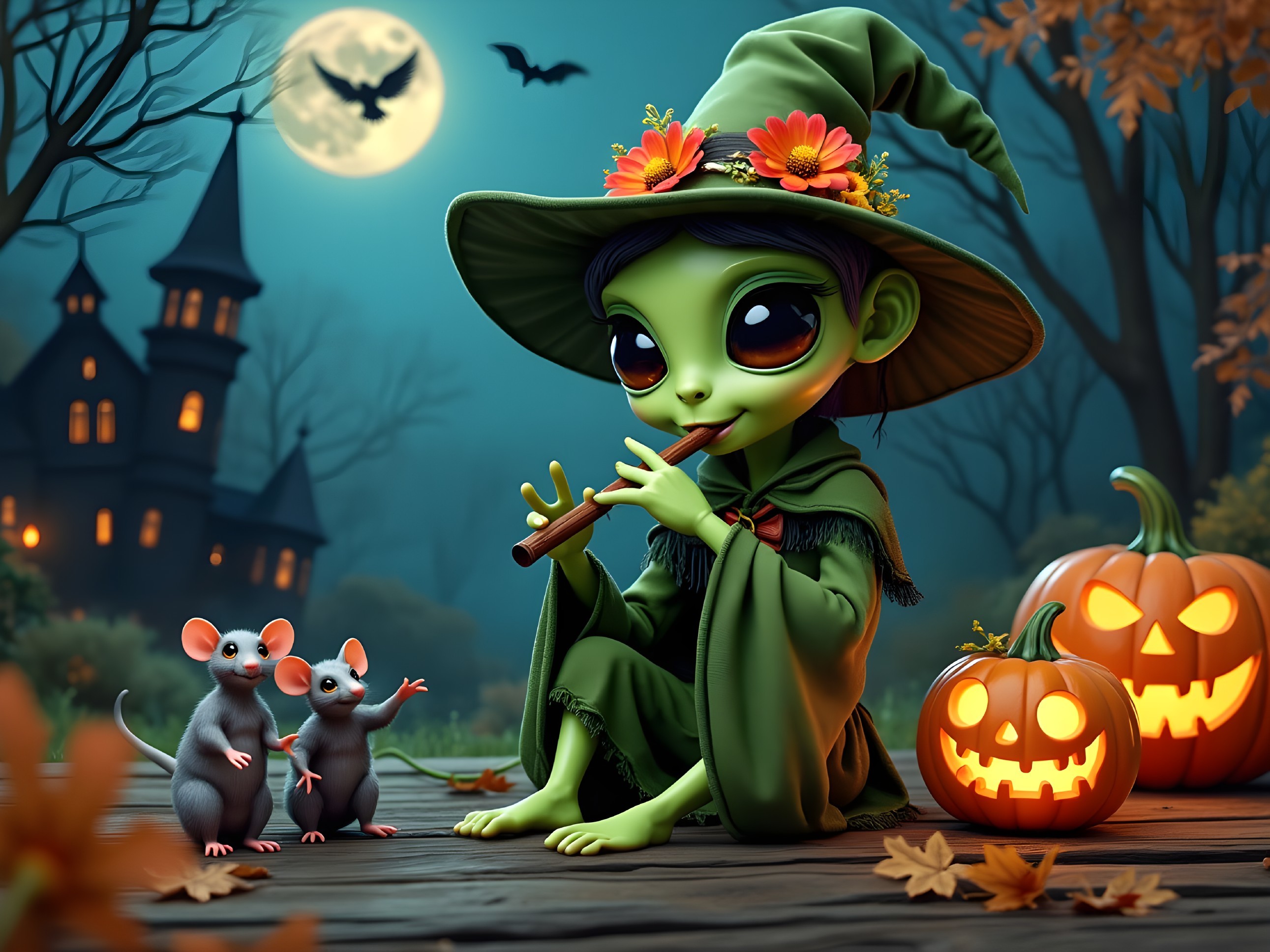Whimsical Witch Playing Flute with Mice and Pumpkins