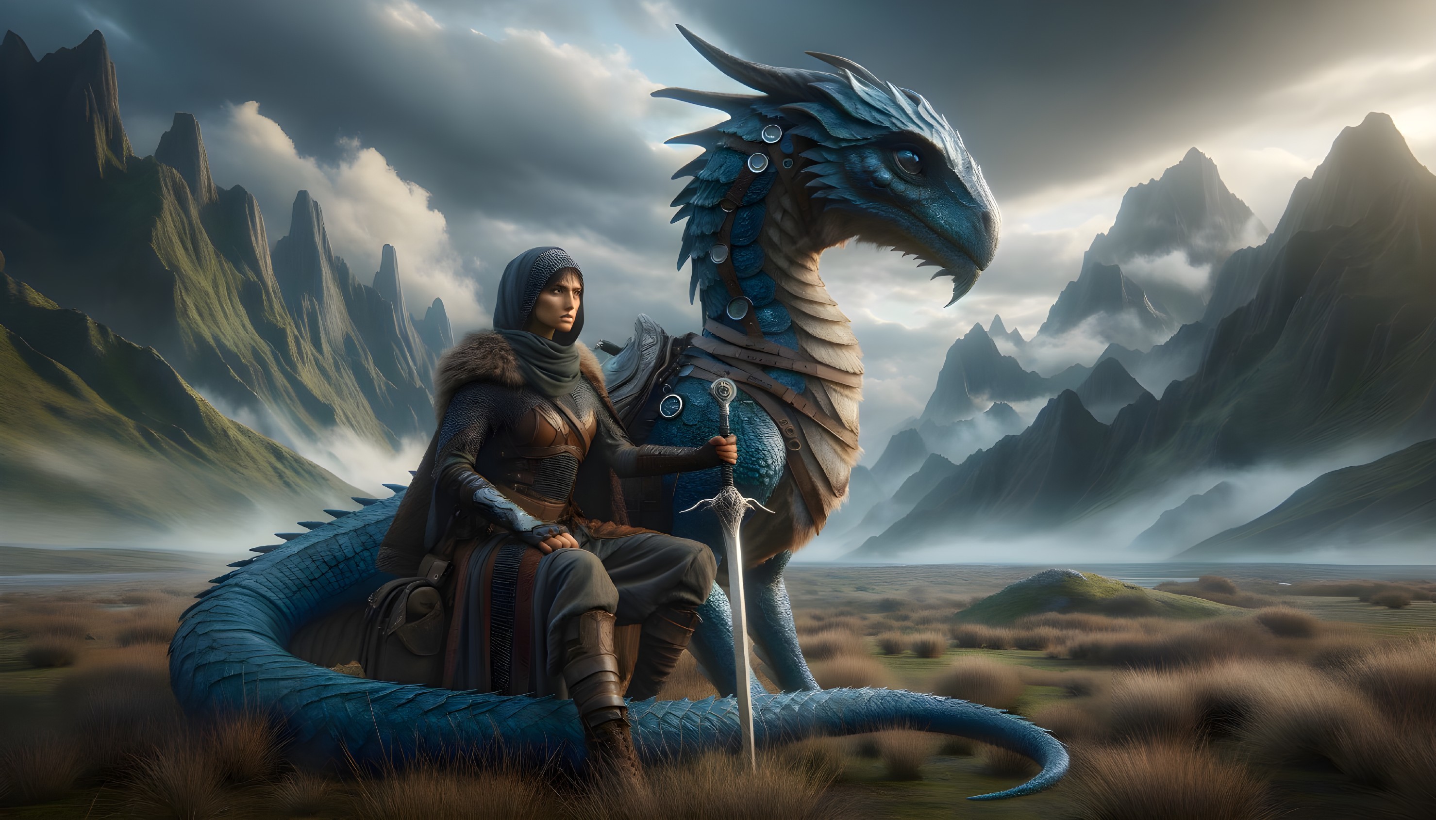 Warrior on Blue Dragon in Majestic Mountain Landscape