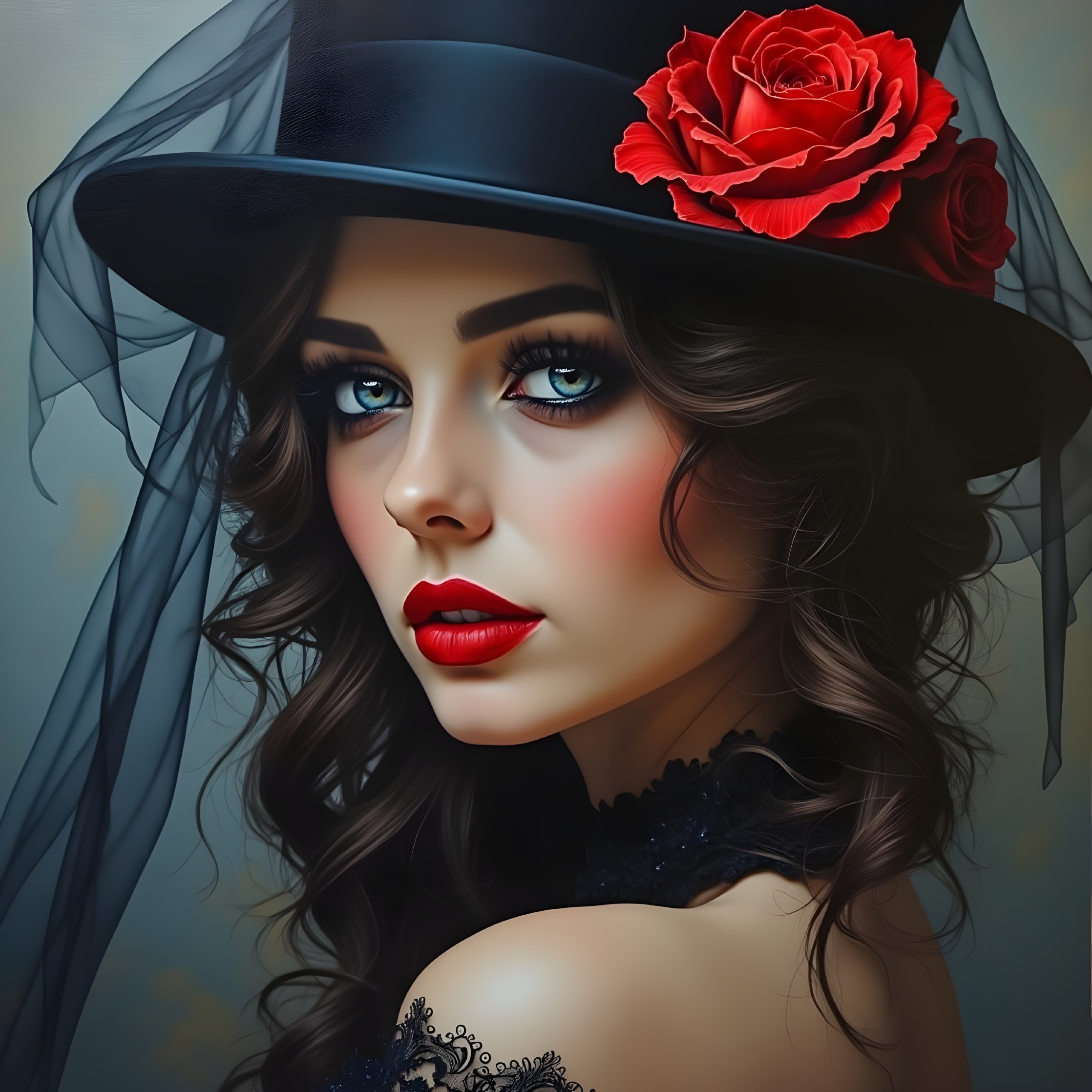 Striking Woman with Rose in Hat and Elegant Attire