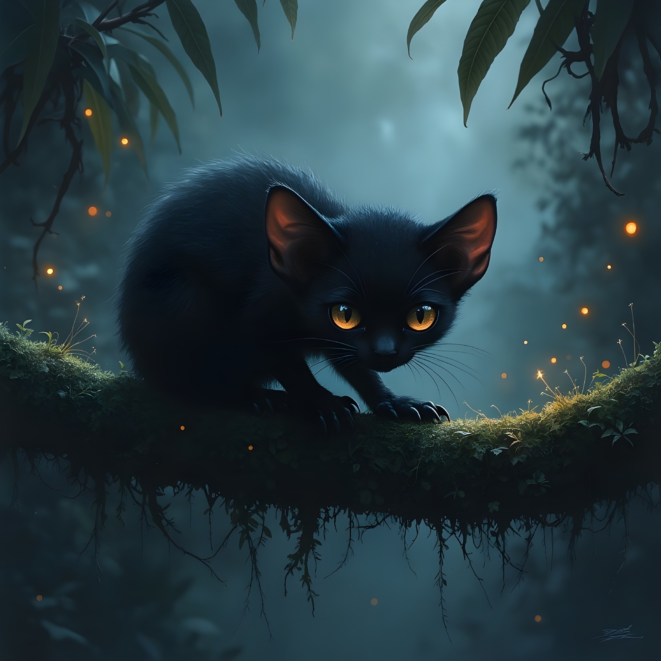 Mystical Black Cat in Enchanted Forest Setting