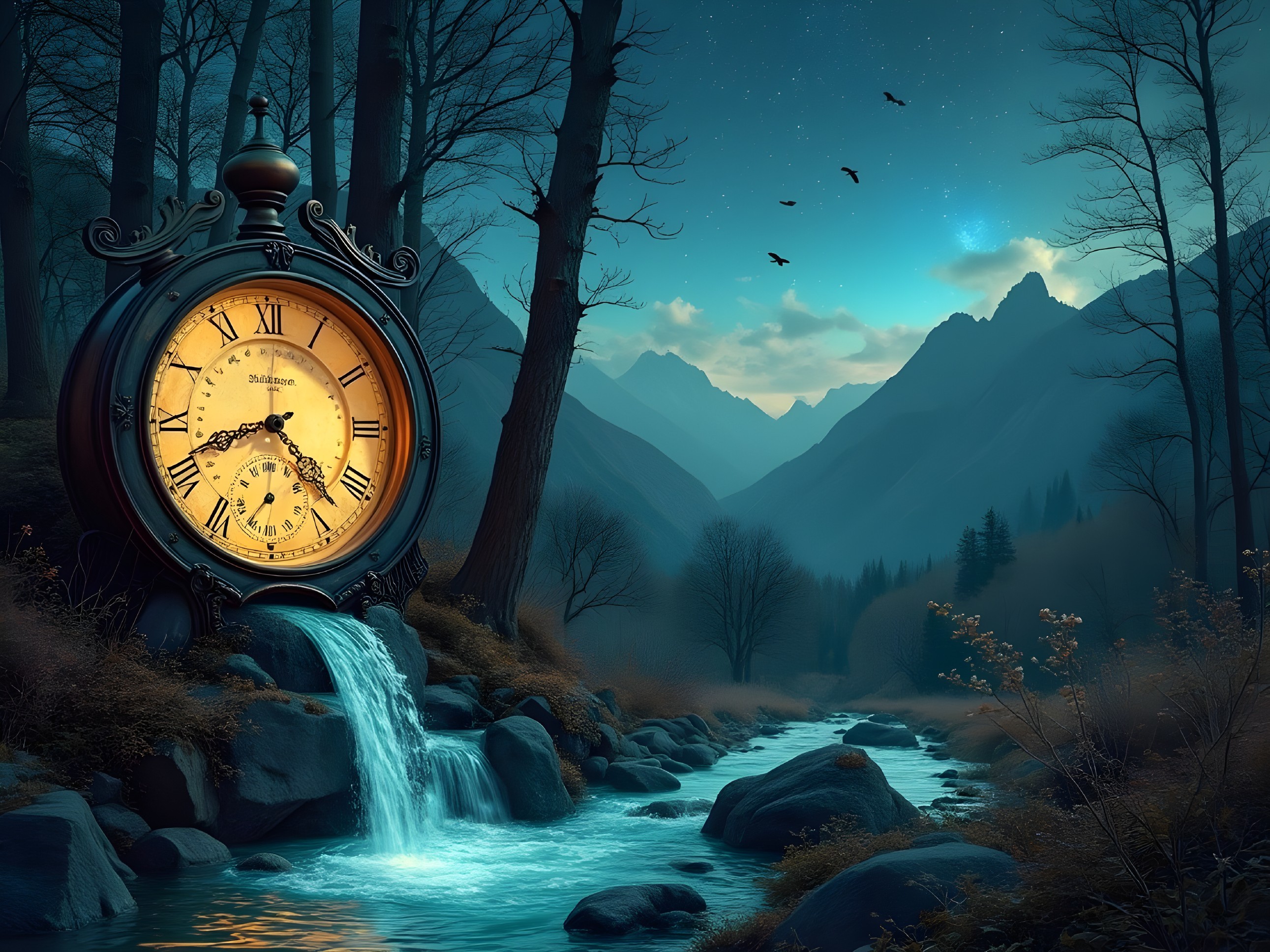 Twilight Landscape with Ornate Clock and Waterfall