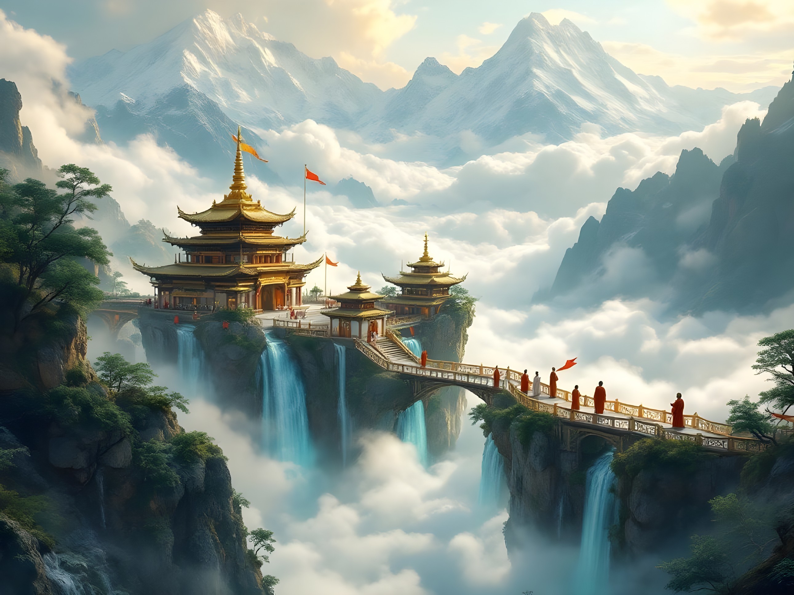 Golden Temple on Cliff Surrounded by Waterfalls and Mountains