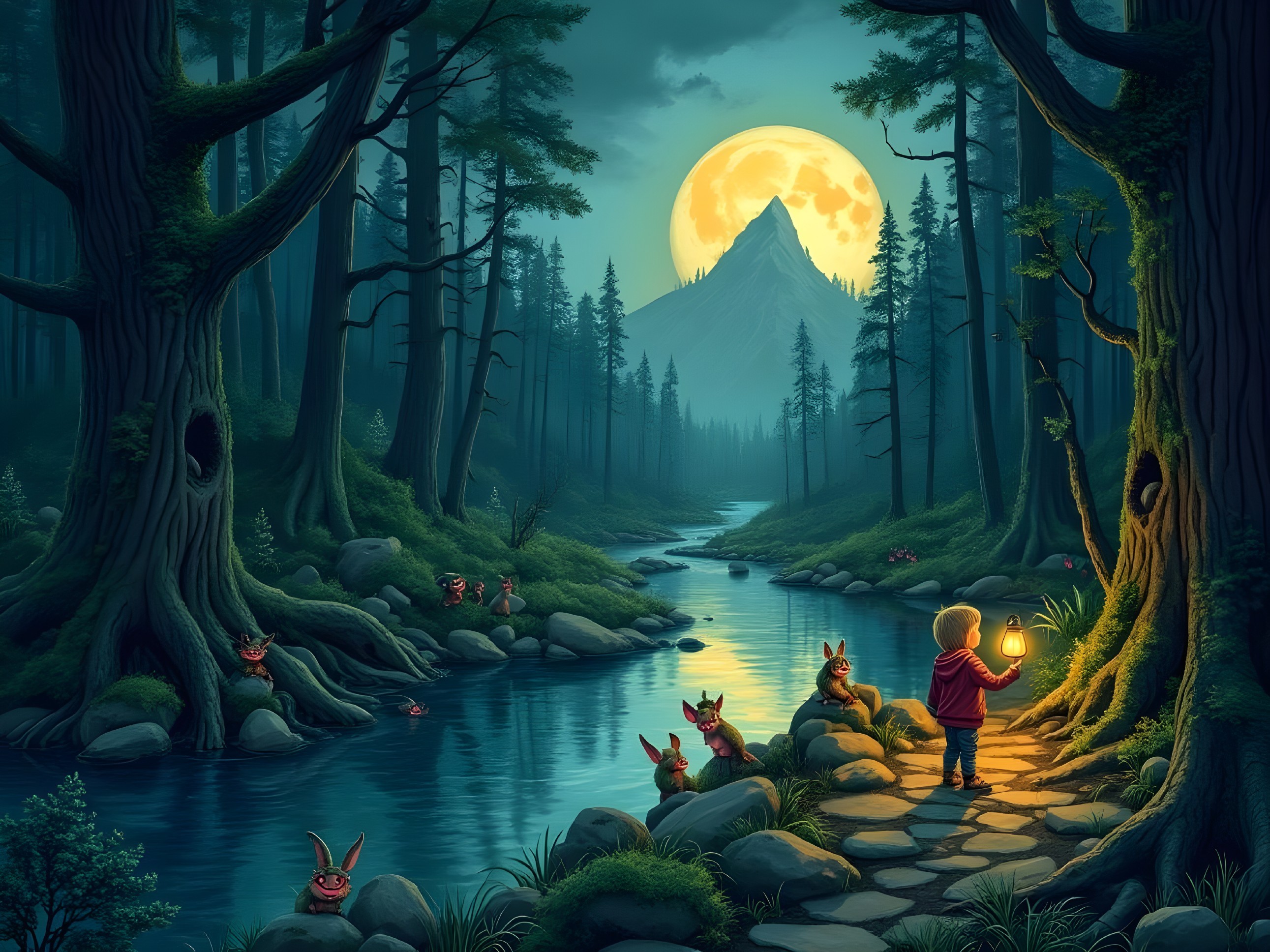 Moonlit Forest Path with Child and Lantern