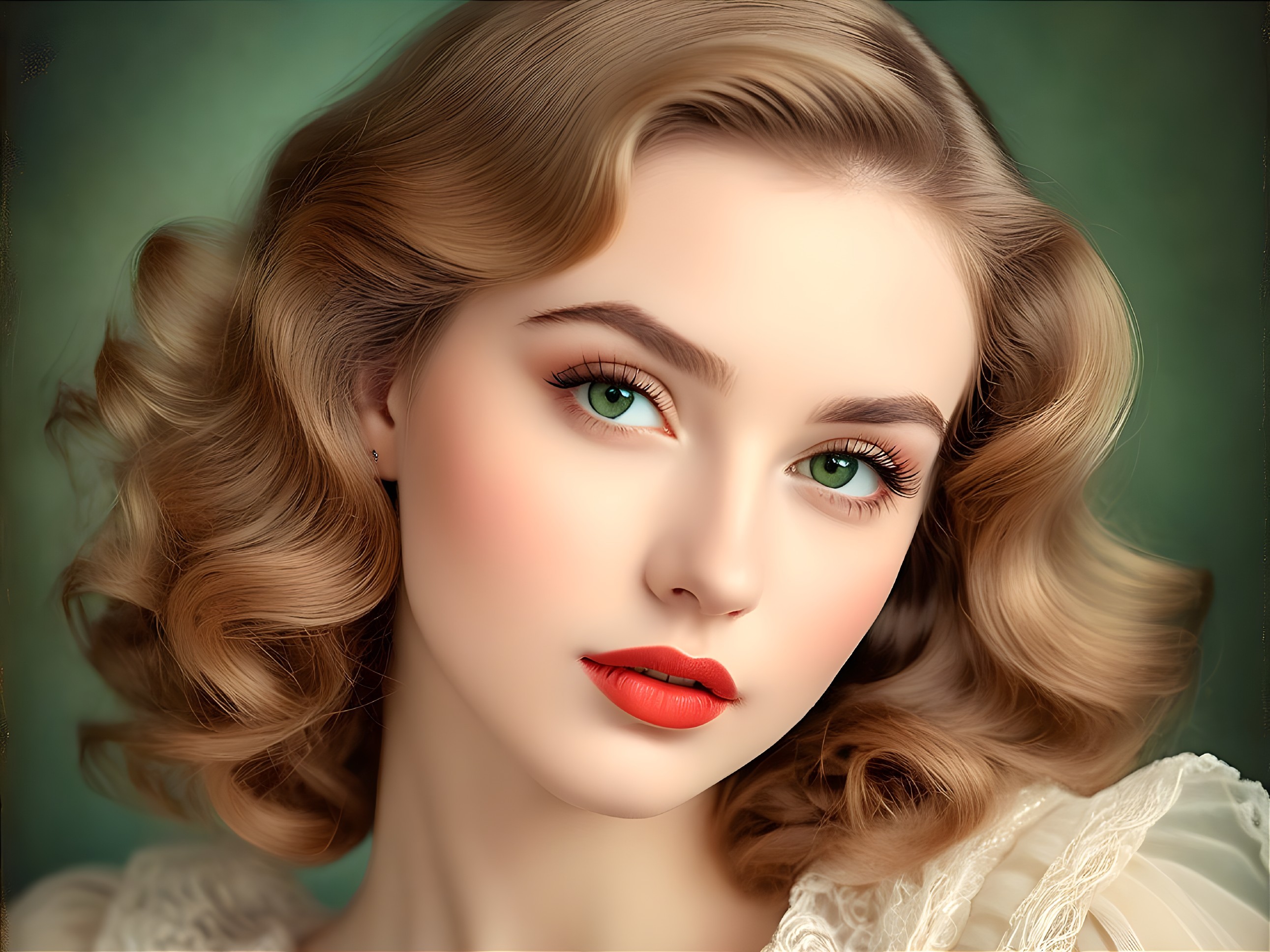 Young woman with wavy blonde hair and green eyes