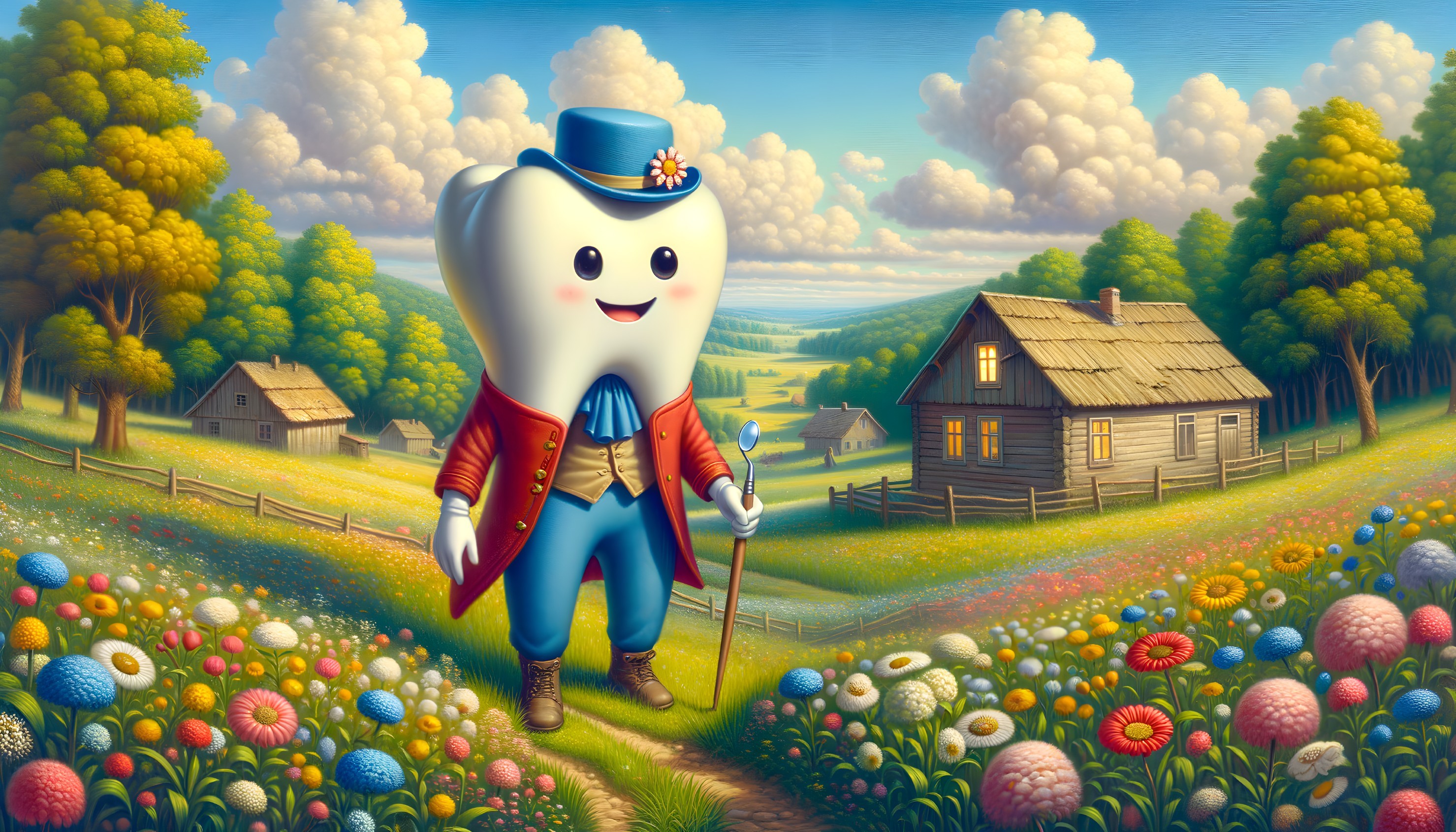 Whimsical Tooth Character in Colorful Flower Meadow