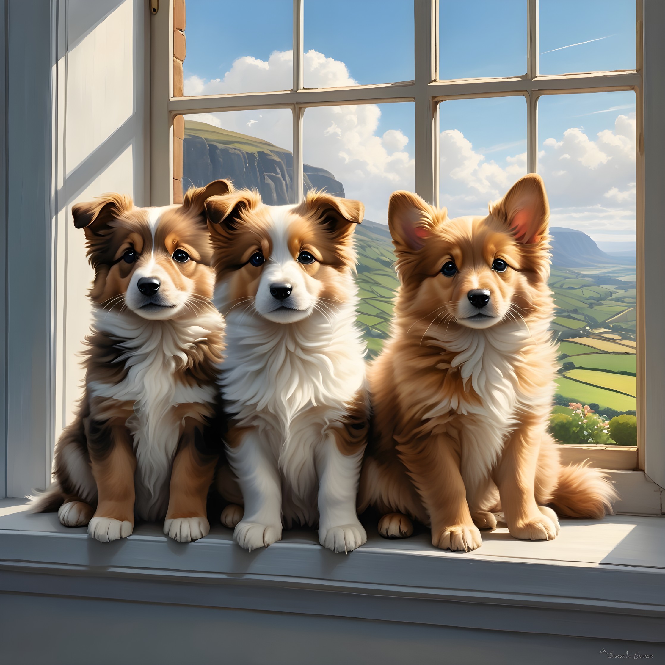 Fluffy Puppies on Windowsill with Scenic Landscape