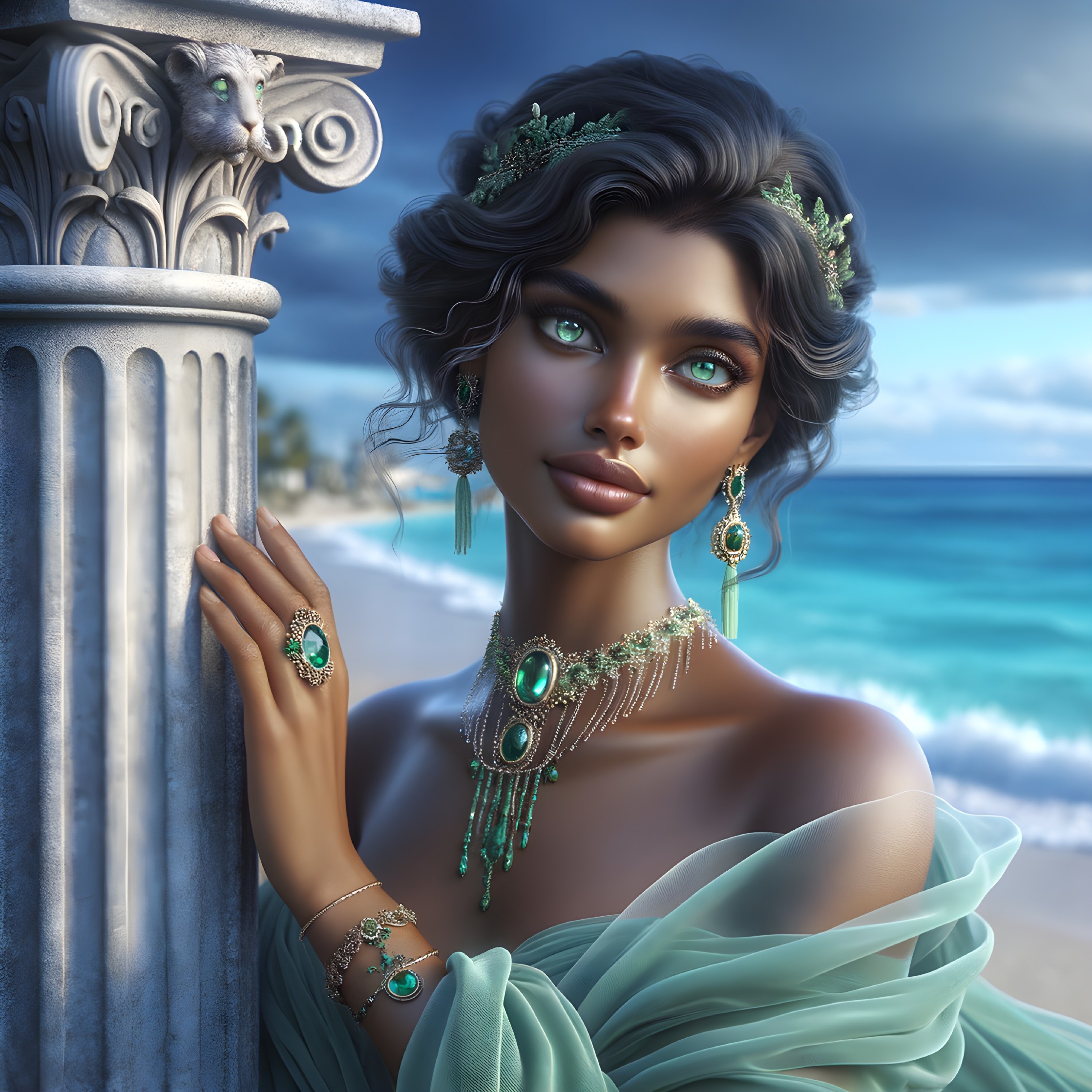 Elegant Woman in Teal Gown by Serene Beach