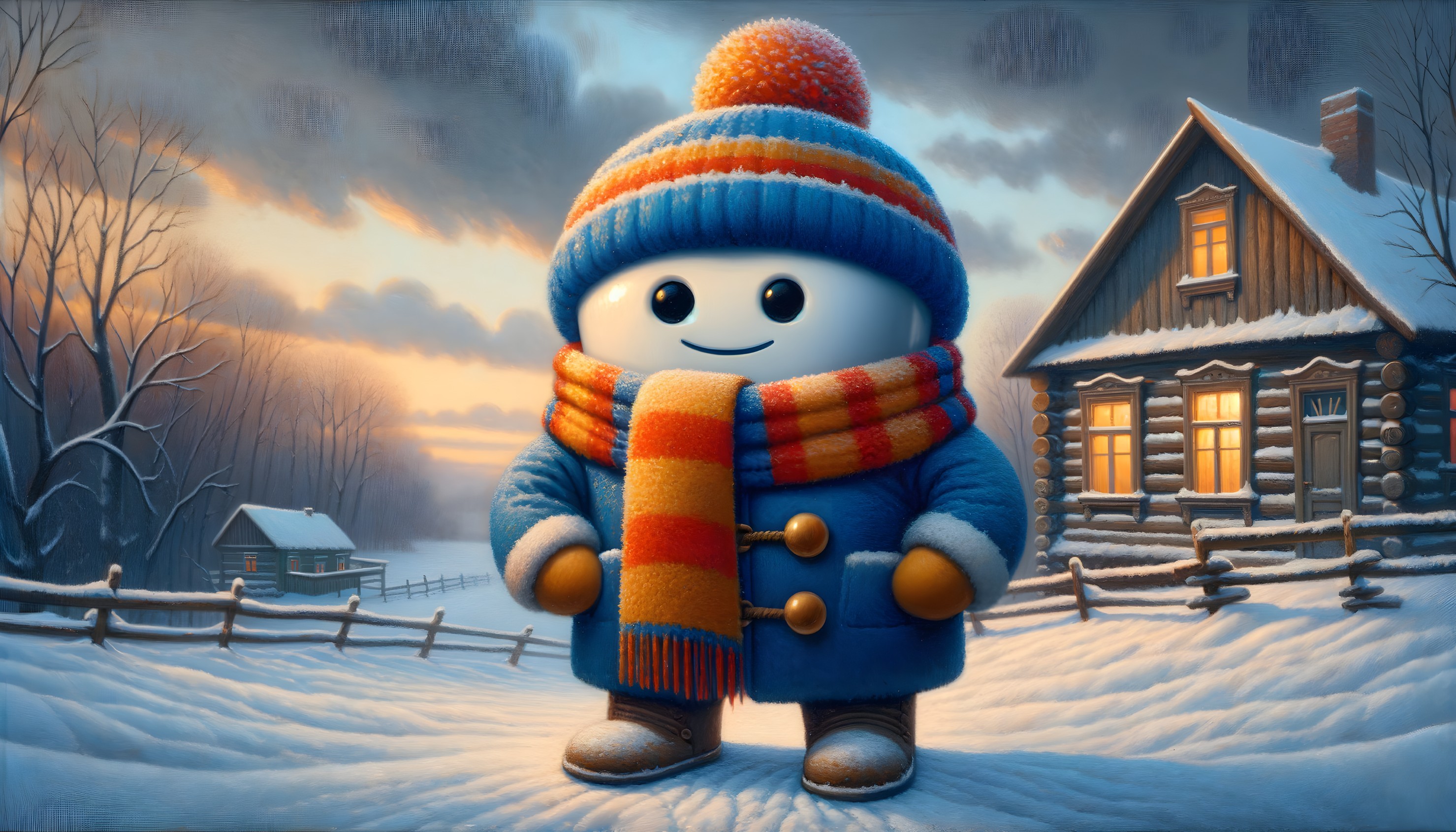 Cheerful snowman in snowy landscape with cozy attire