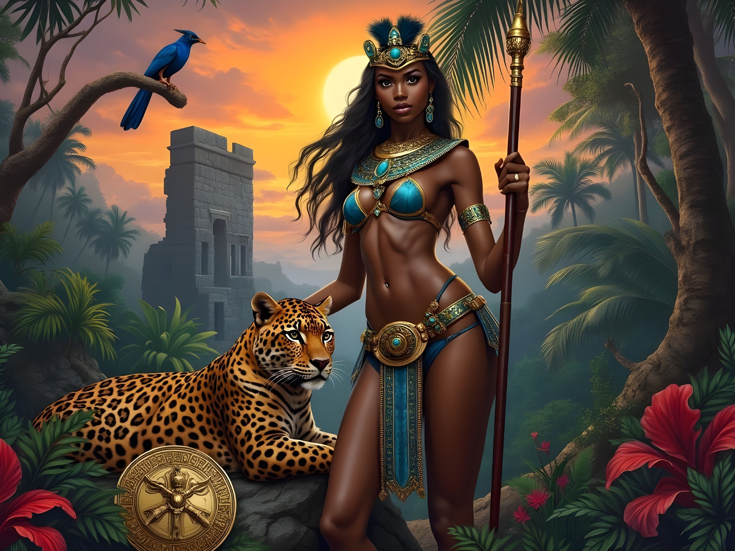 Warrior Woman in Jungle with Leopard and Ruins