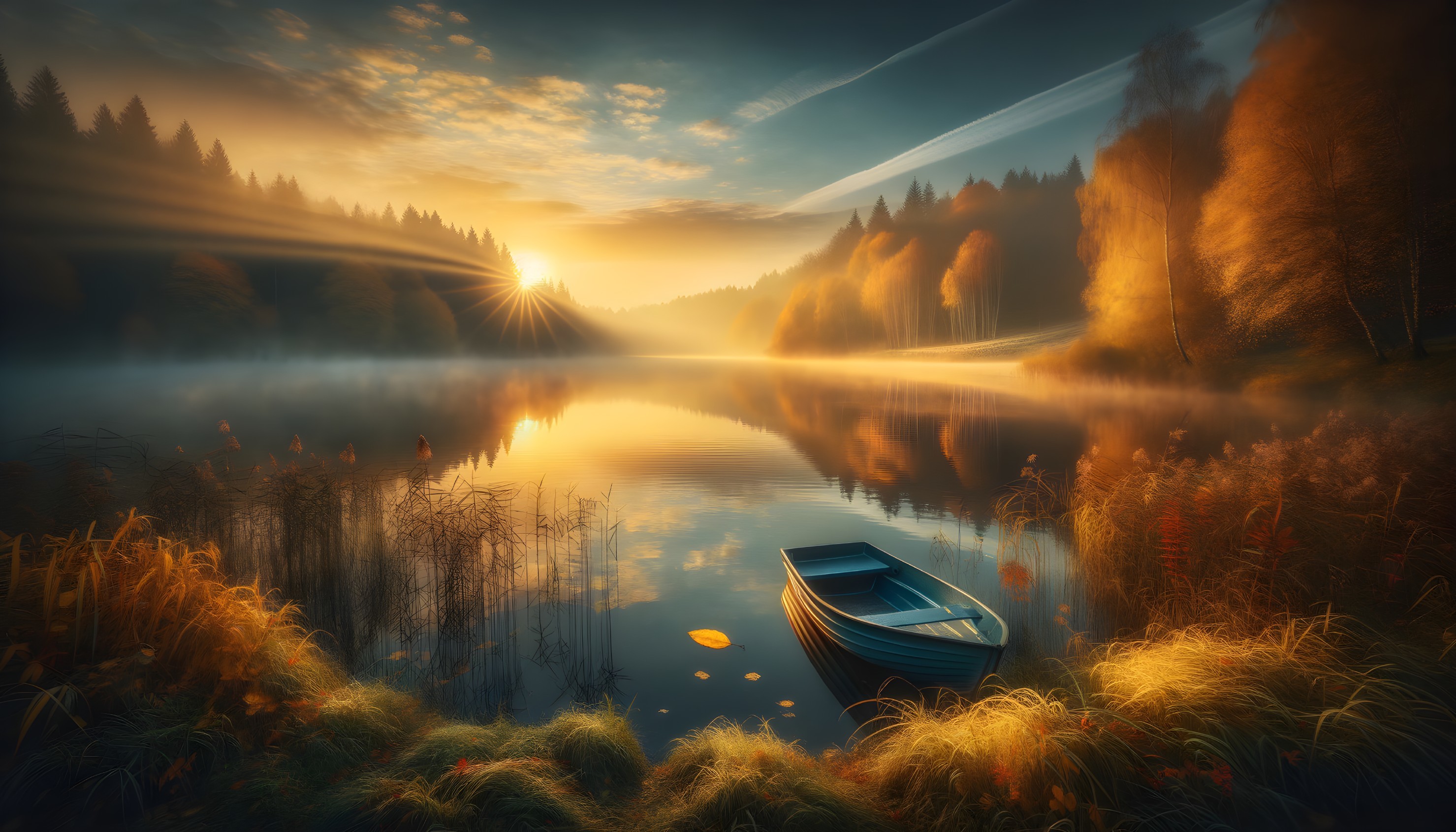 Serene Lake at Dawn with Autumn Colors and Mist