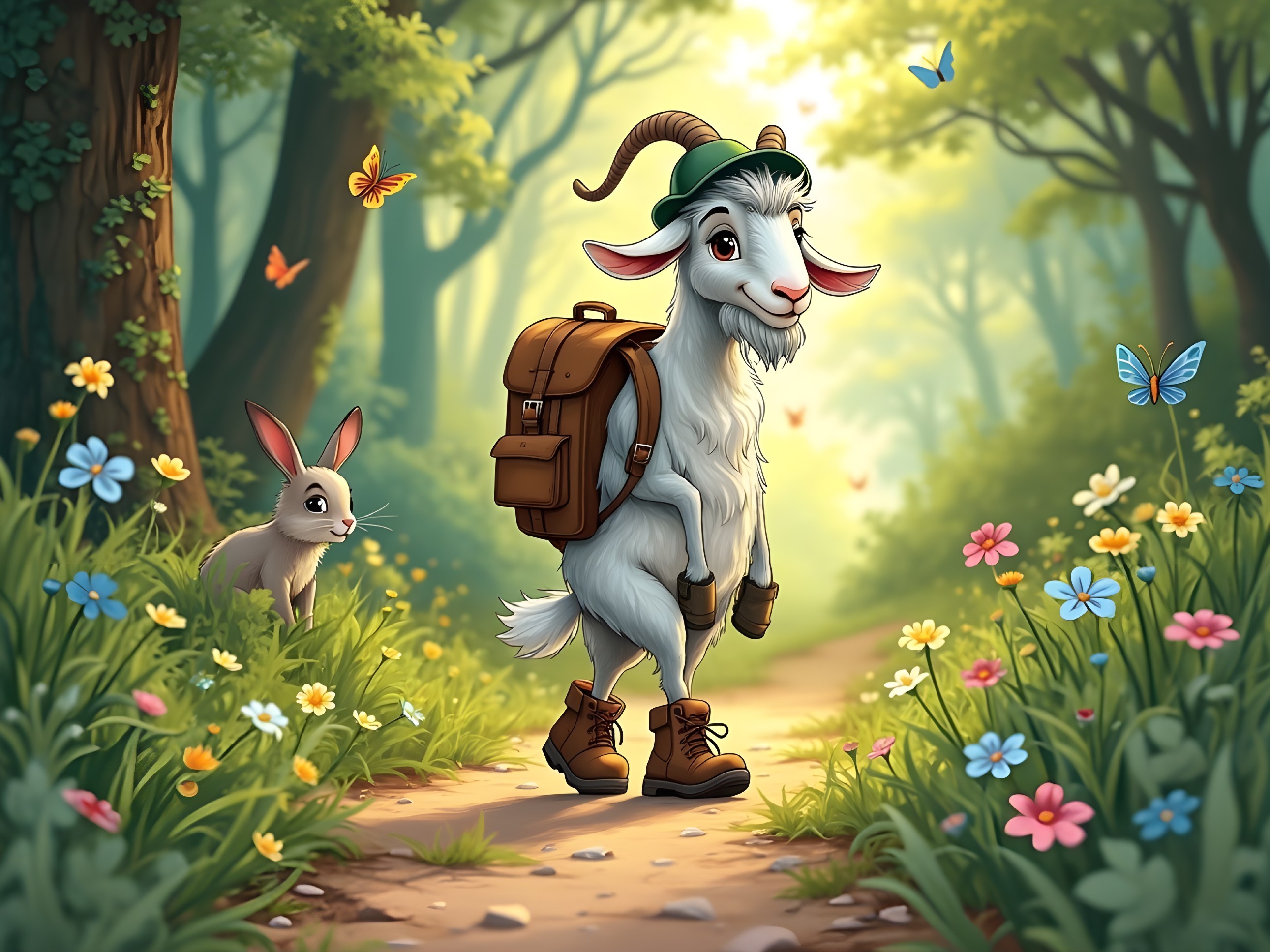 Cheerful Cartoon Goat and Rabbit in Enchanted Forest