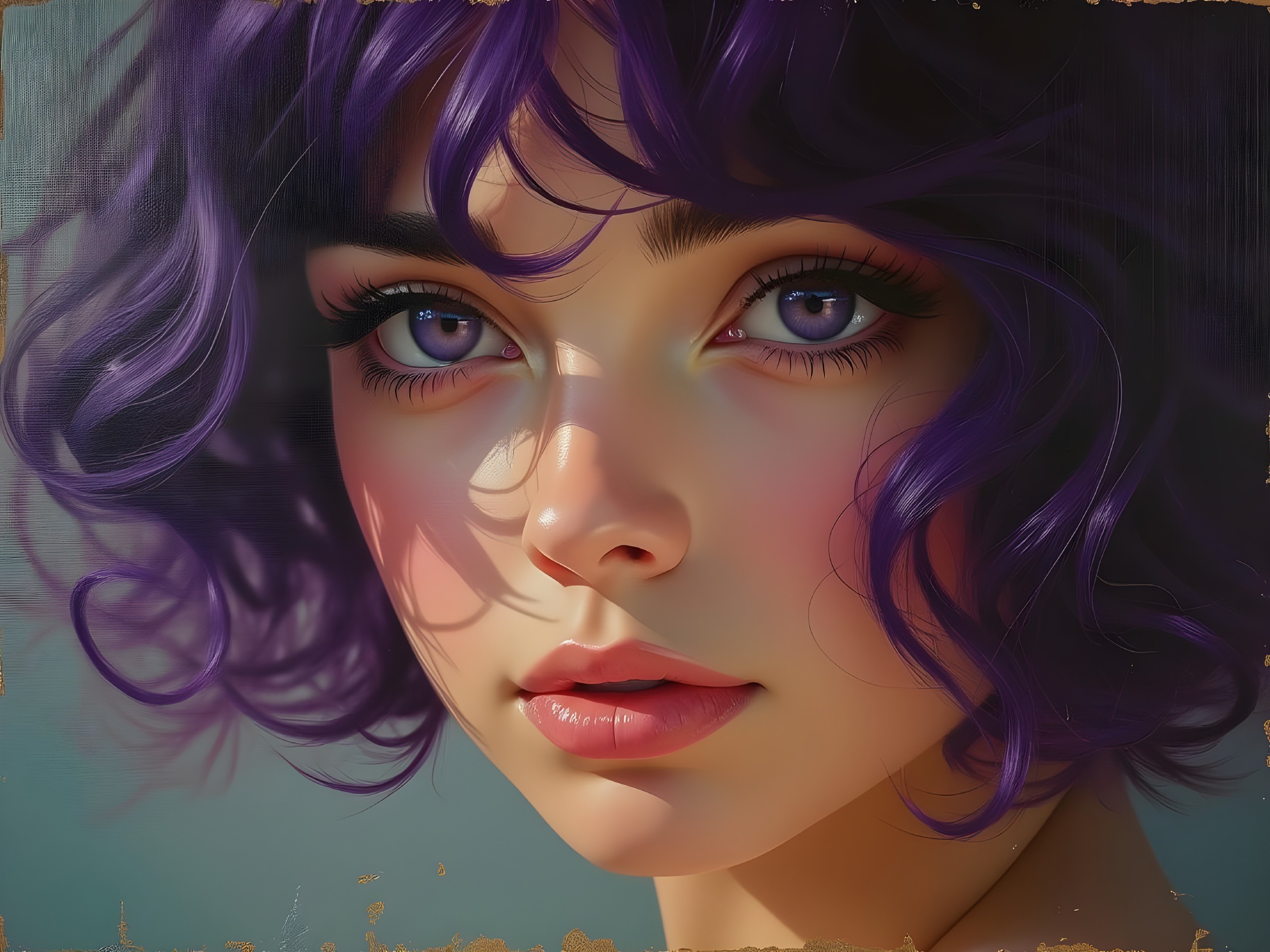 Young woman with purple hair and captivating eyes