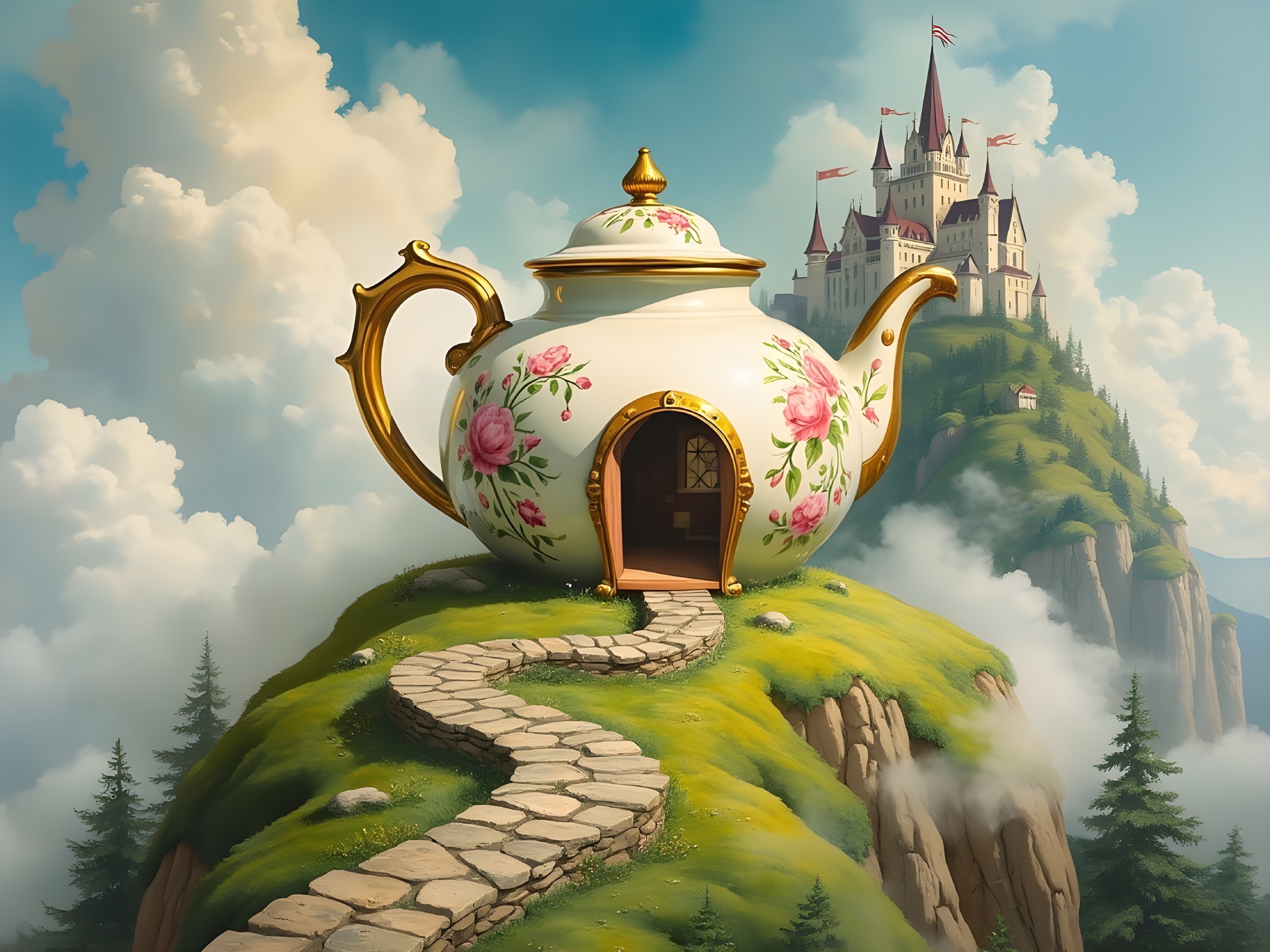 Oversized Teapot on Hilltop with Castle Background
