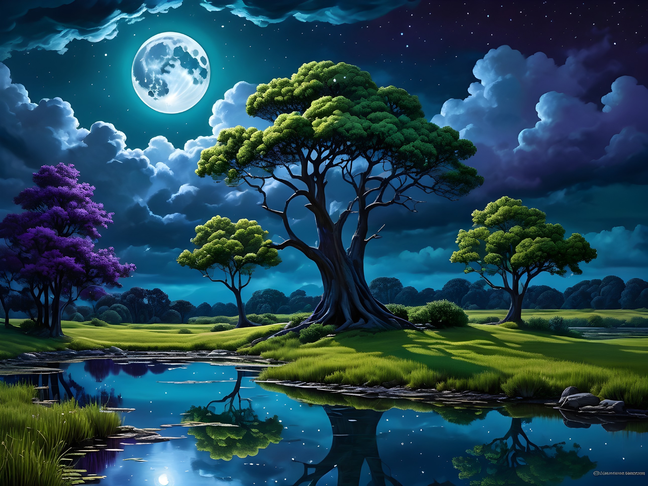 Serene Night Landscape with Full Moon and Reflective Water