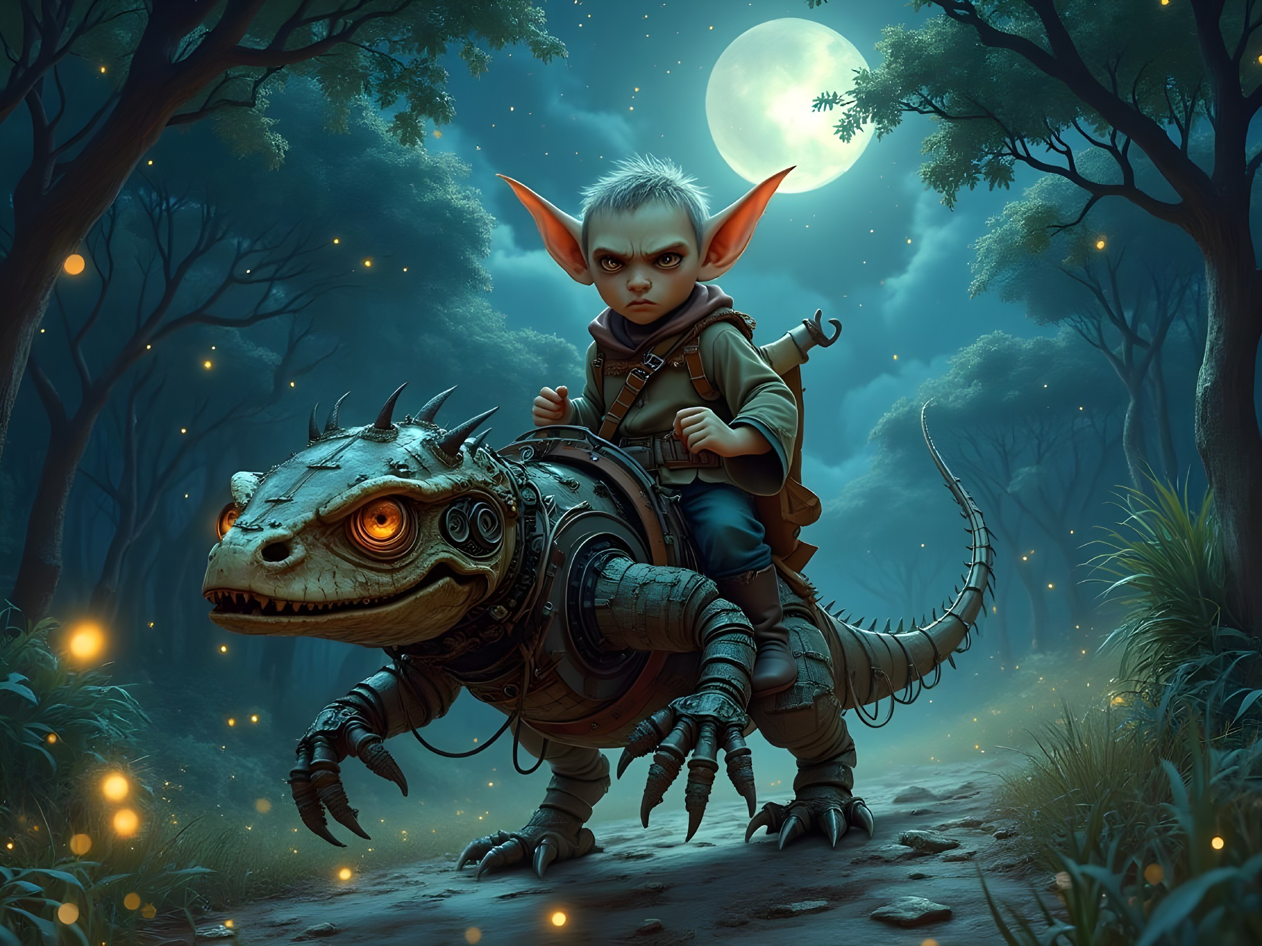 Goblin Riding Mechanical Lizard in Enchanted Forest