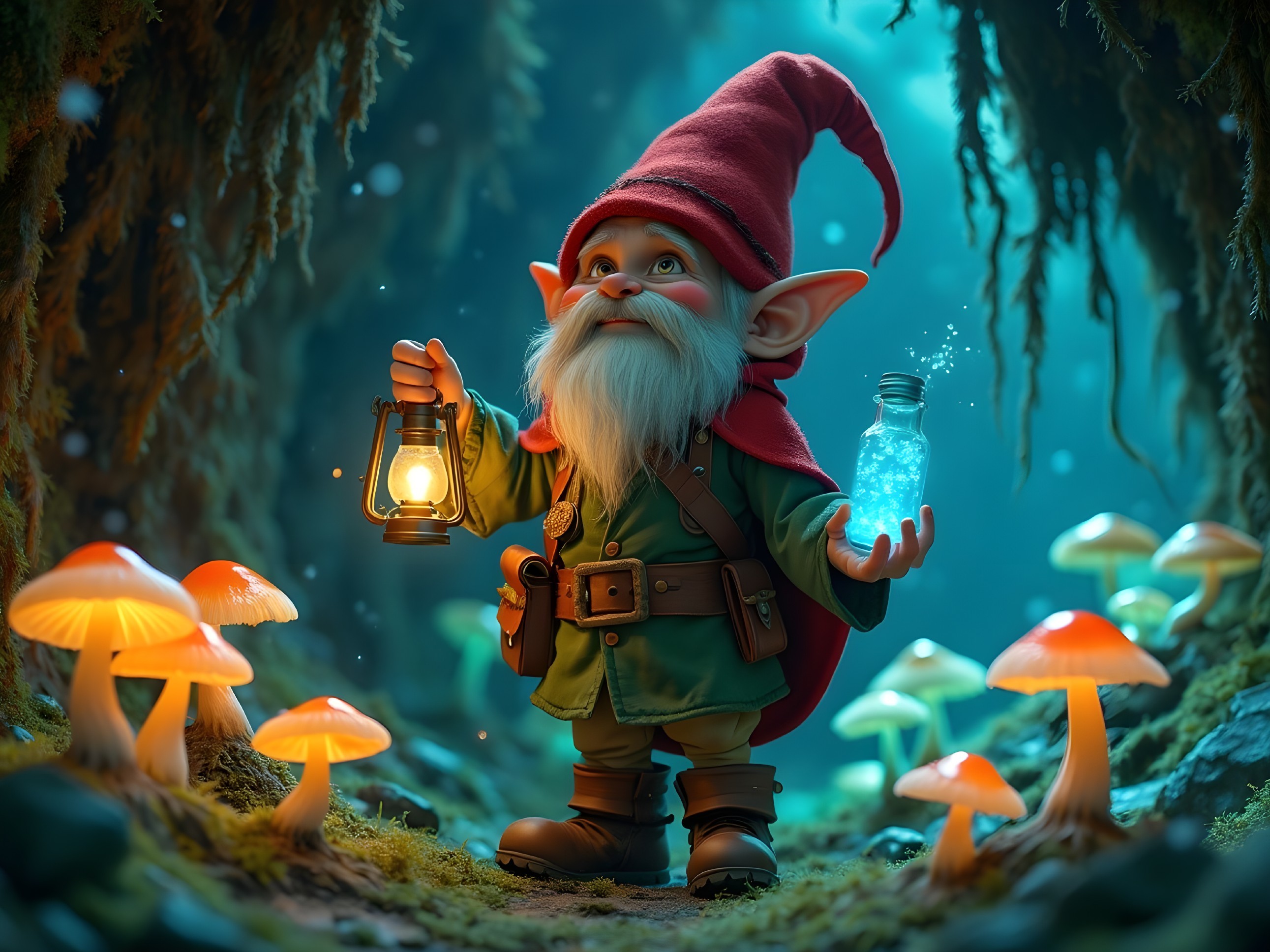 Cheerful gnome with lantern in a glowing forest