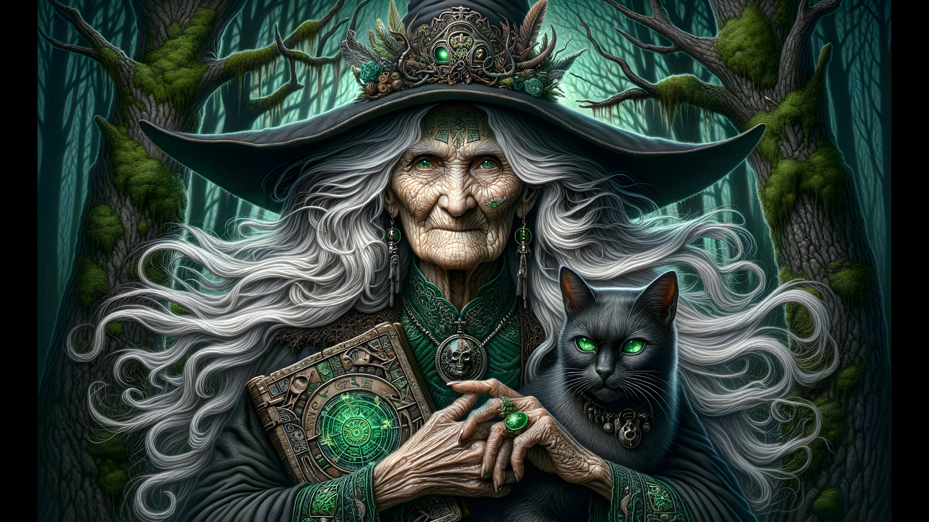 Ancient witch in mystical forest with glowing book
