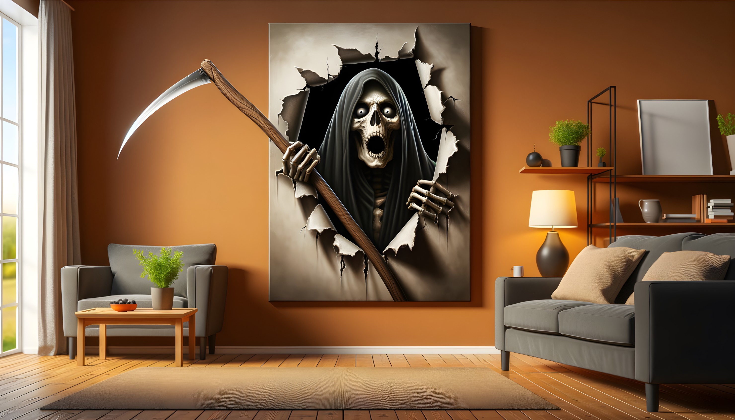Large Grim Reaper Wall Painting in Modern Living Room