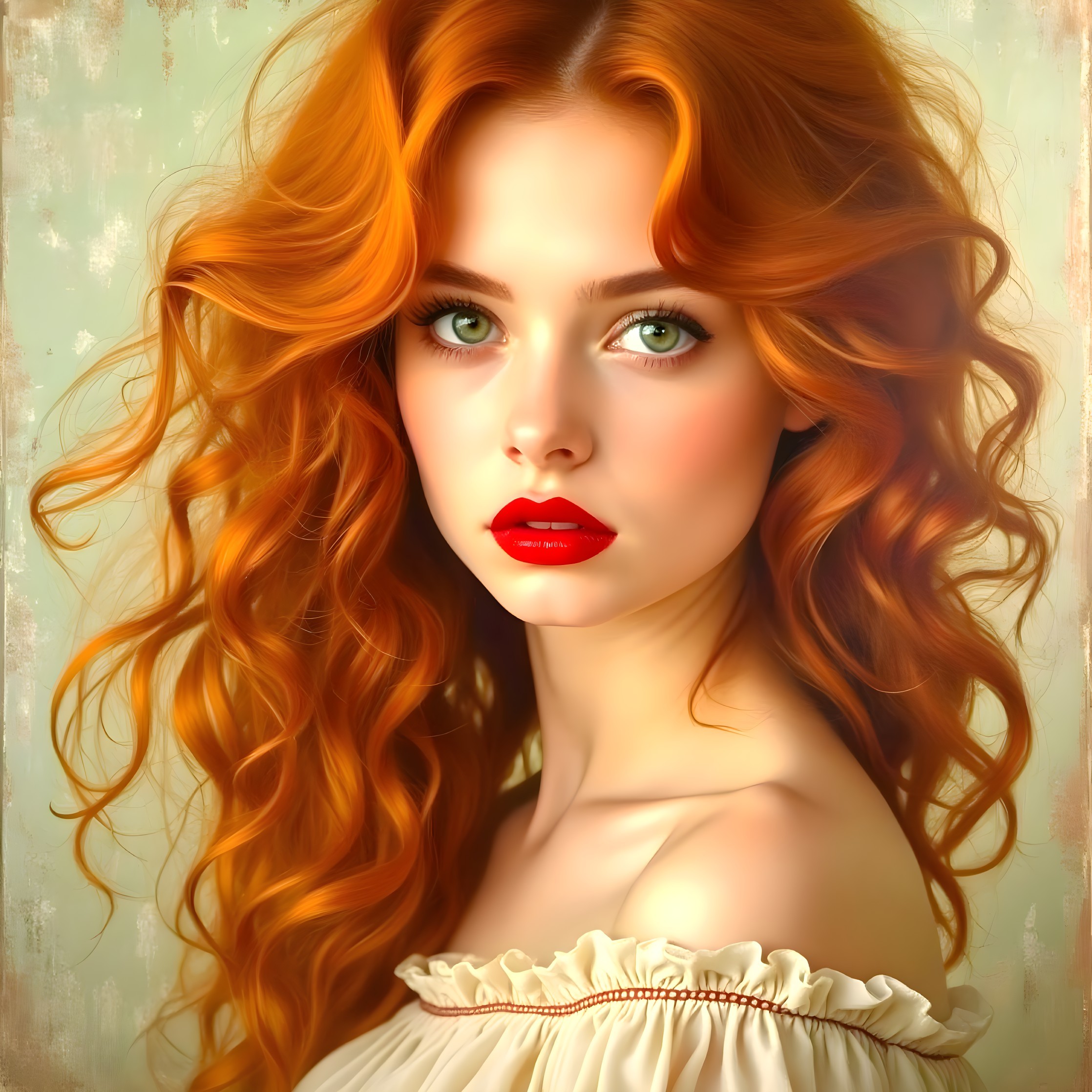 Portrait of a Young Woman with Red Curls and Green Eyes