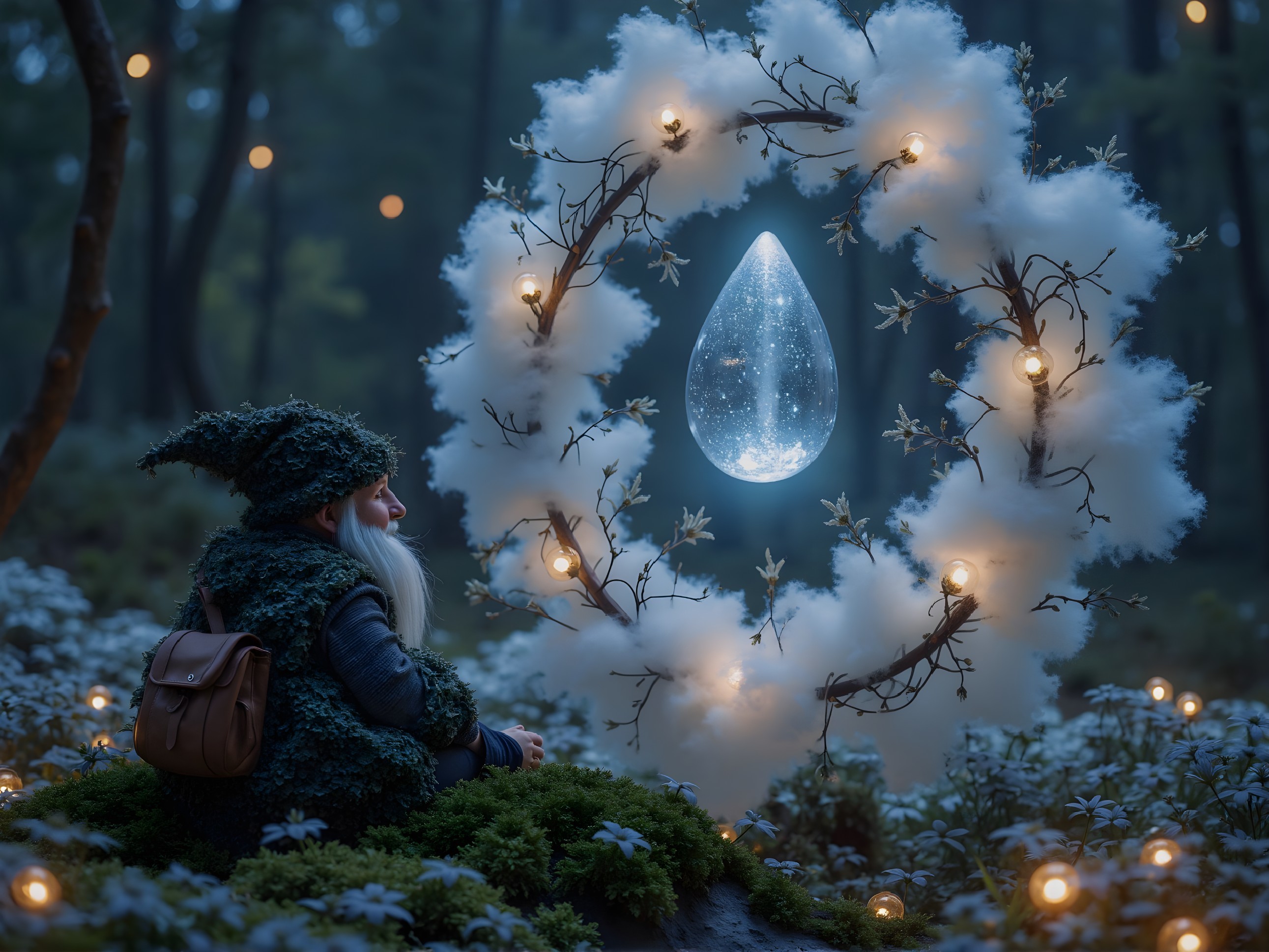 Whimsical figure in a mystical forest at twilight
