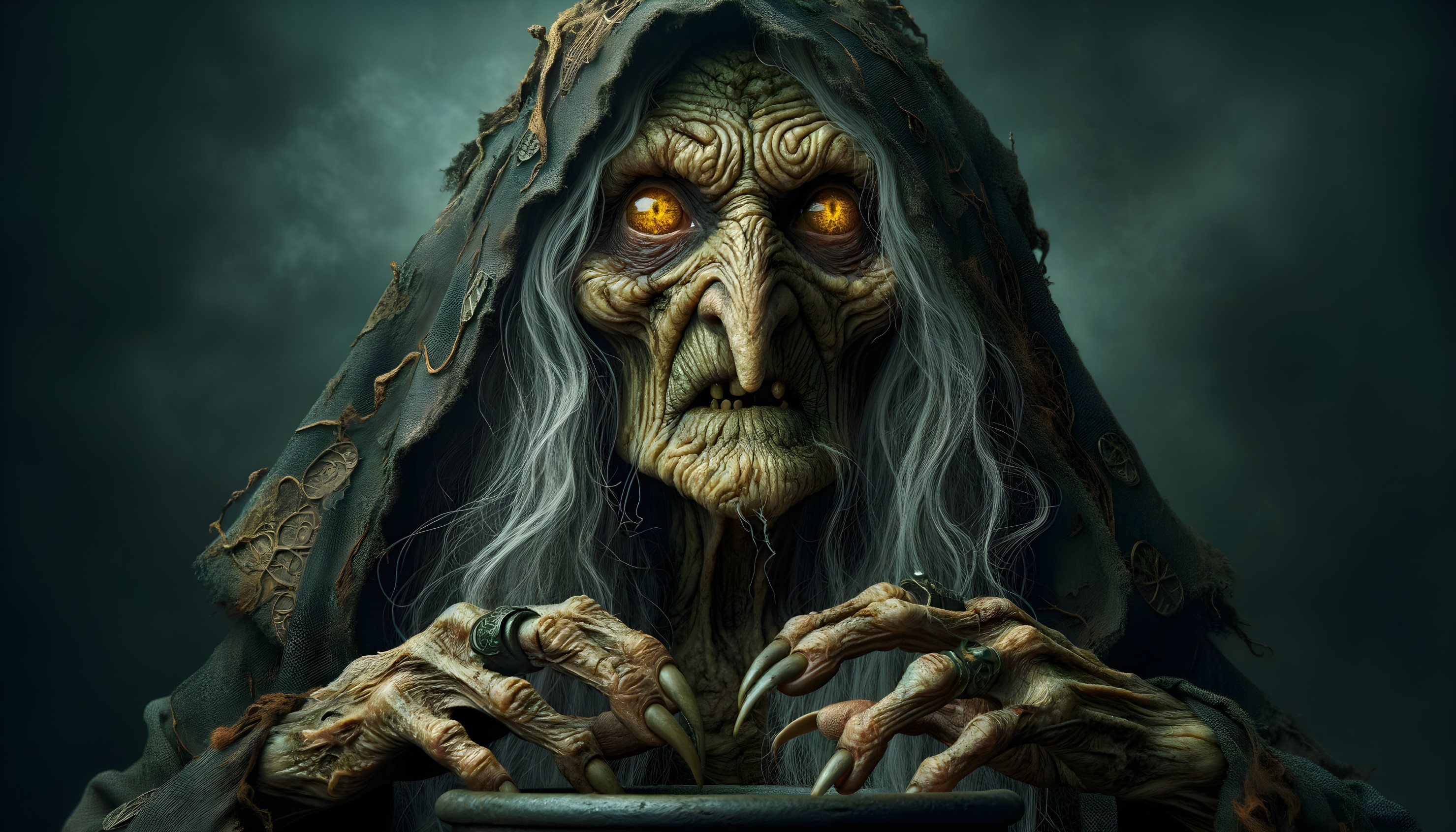 Ancient Witch Over Cauldron with Sinister Presence