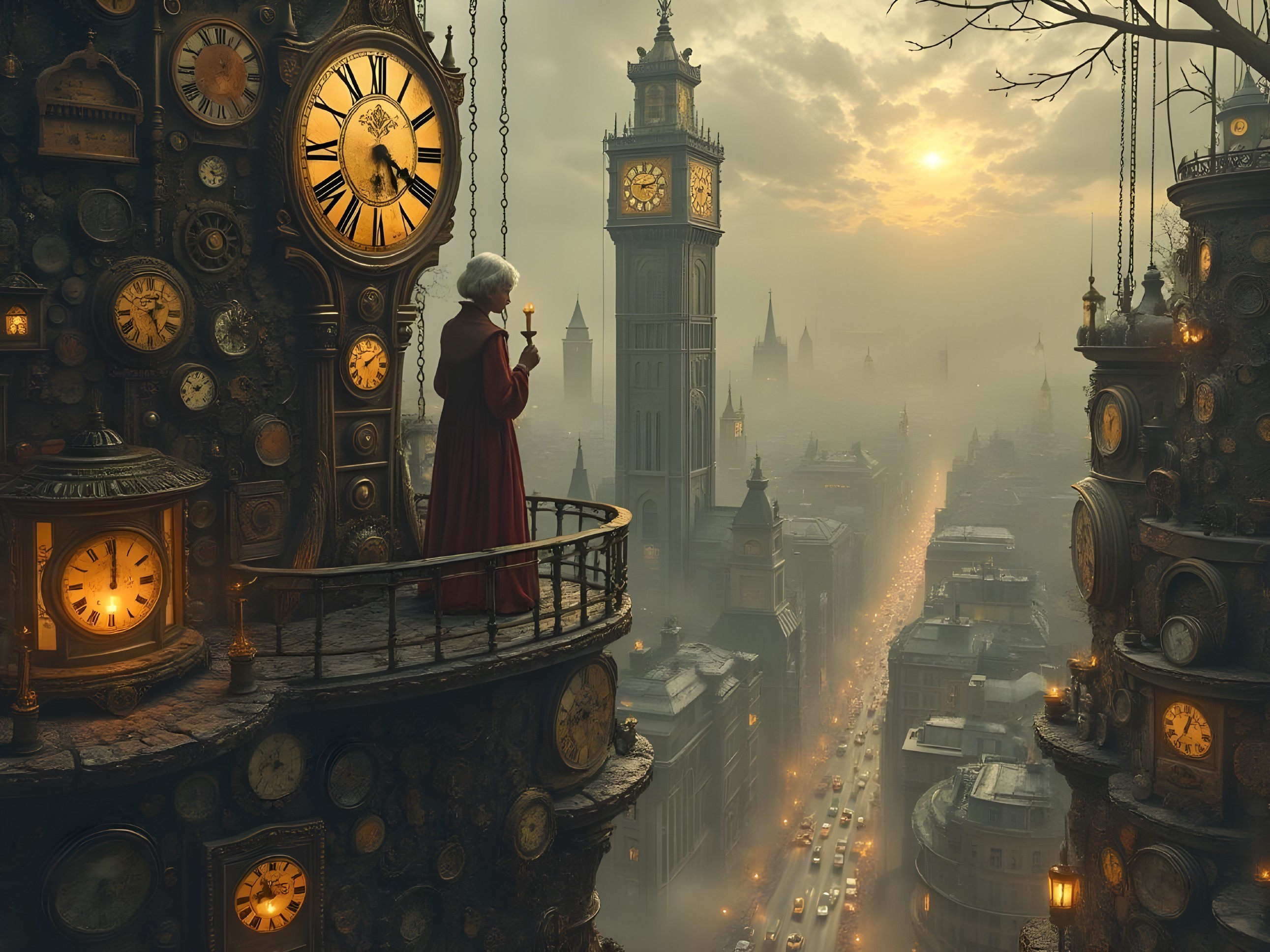Surreal Cityscape with Elderly Figure and Clocks