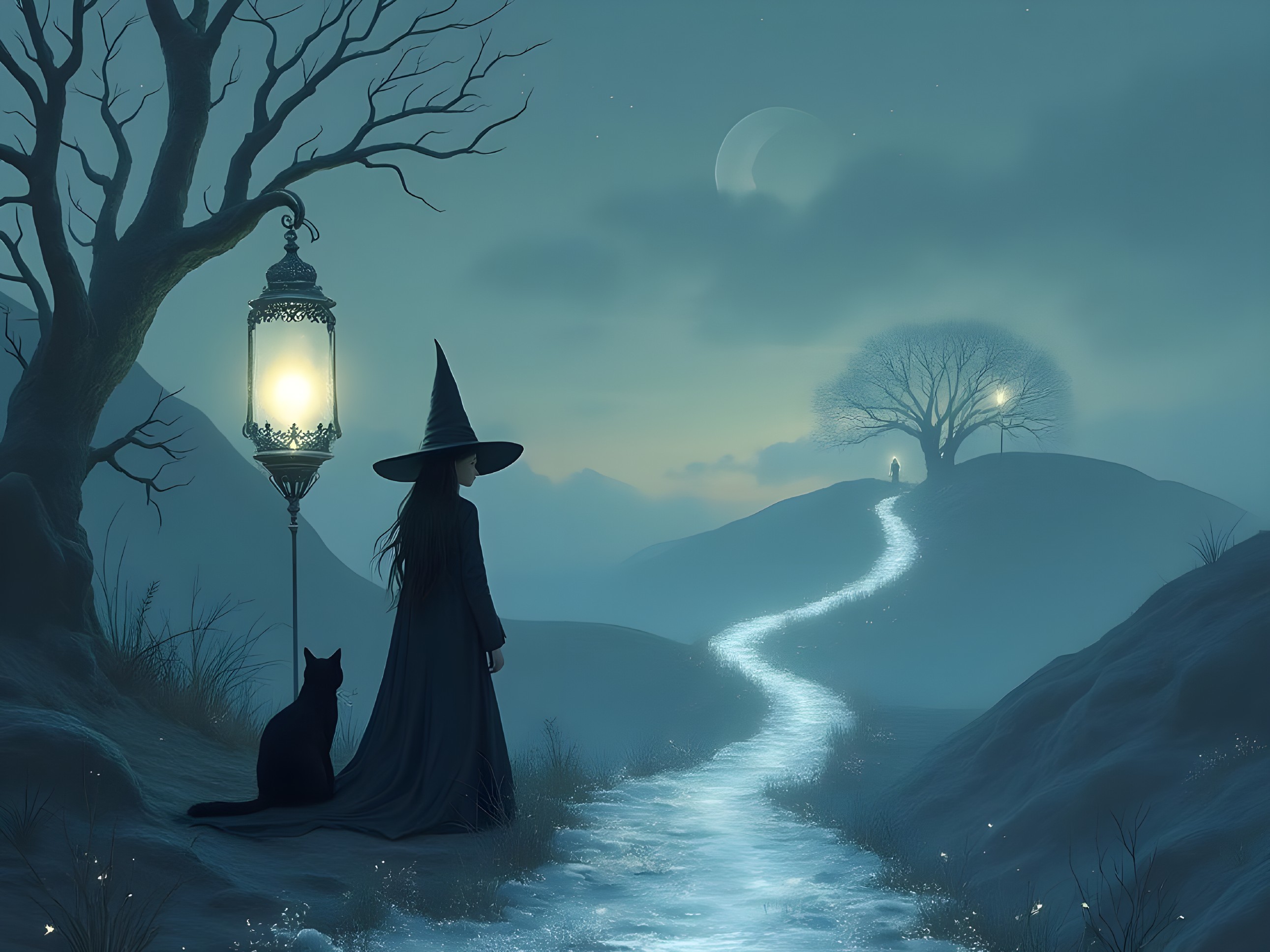 Mystical landscape with cloaked figure and black cat