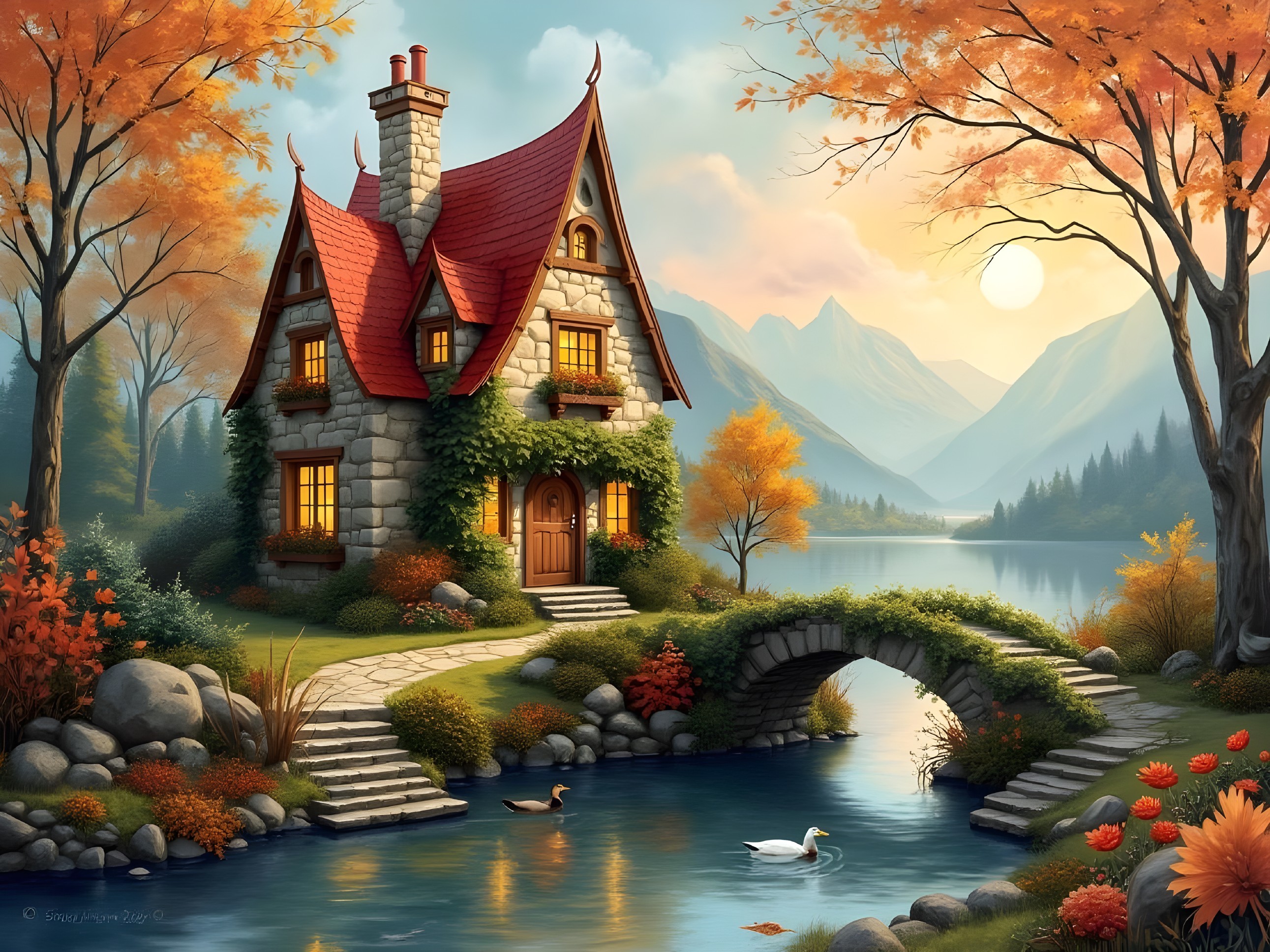 Stone Cottage by Serene Lake with Autumn Foliage