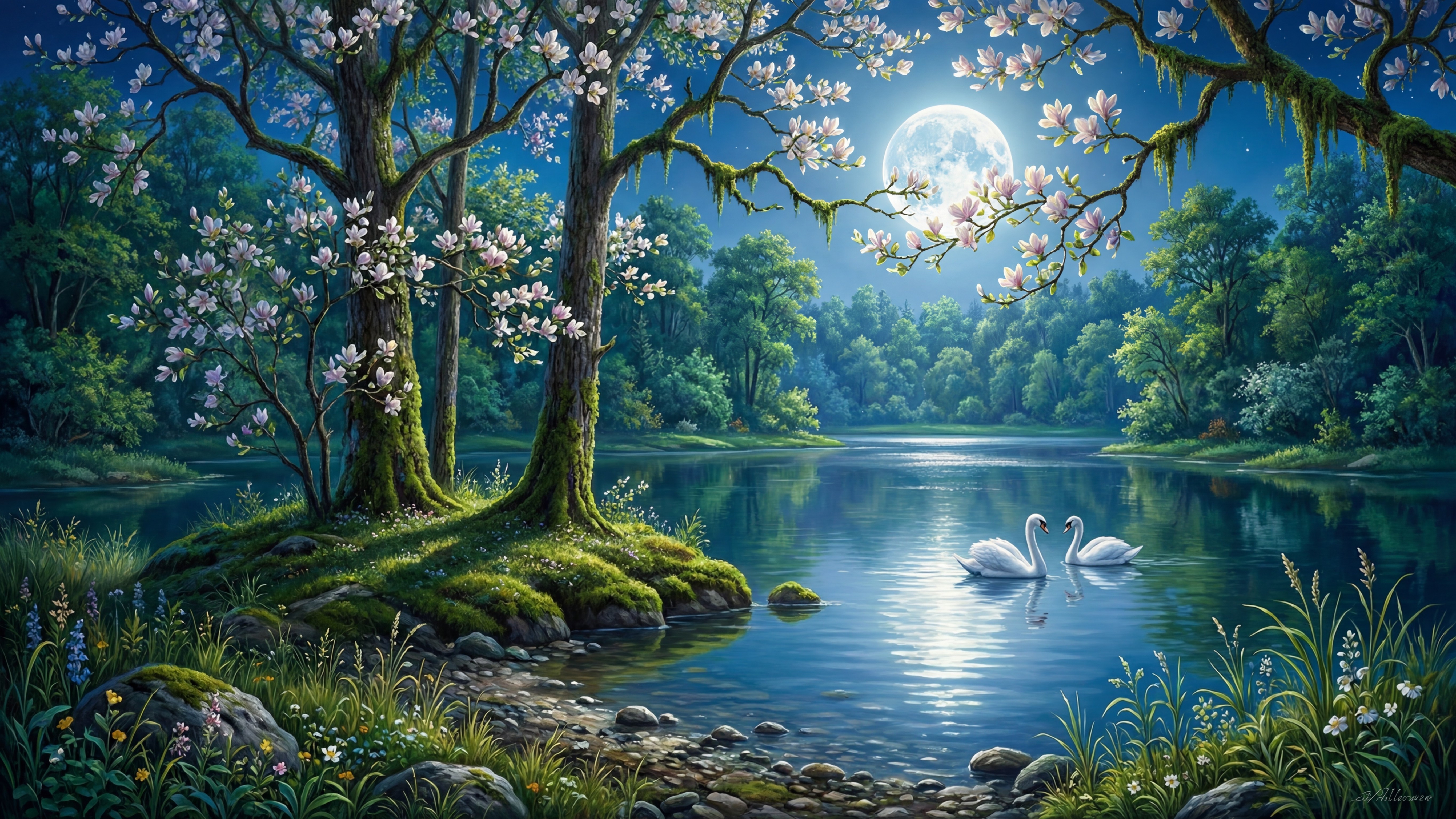 Moonlit Lake Scene with Swans and Blossoming Trees