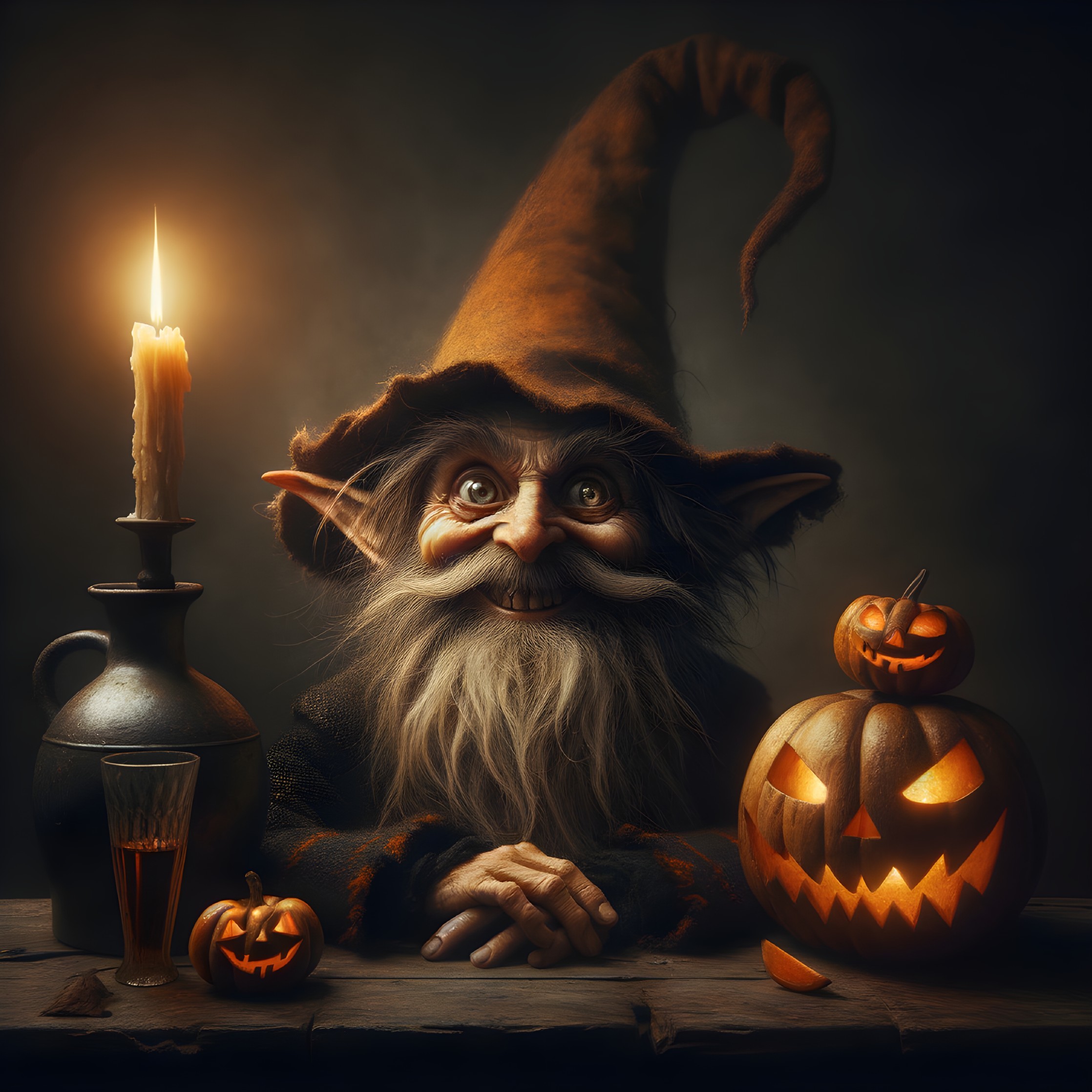 Whimsical Goblin at Rustic Table with Pumpkins and Candle
