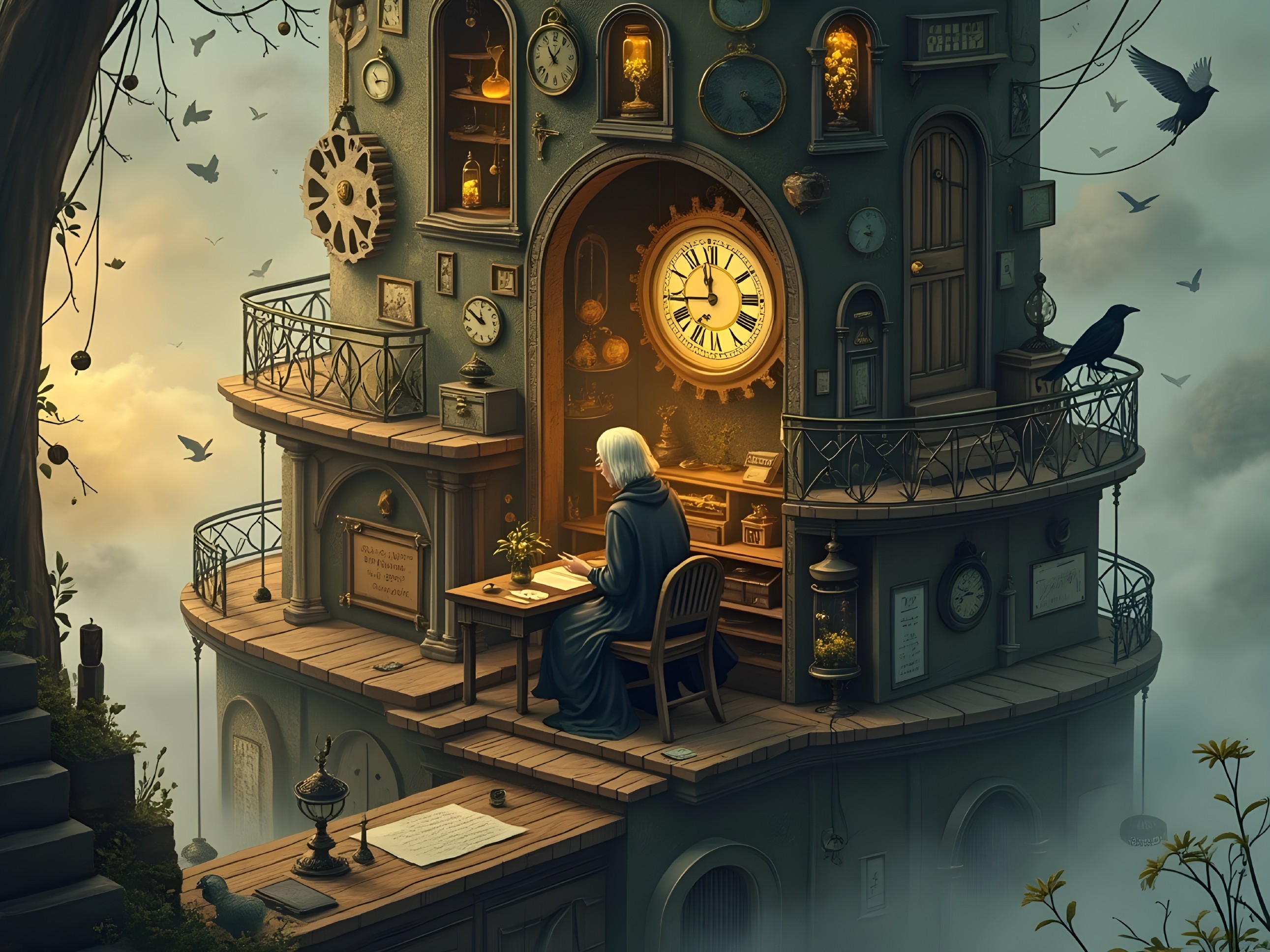 Whimsical Clock Tower in a Misty Fantasy Landscape